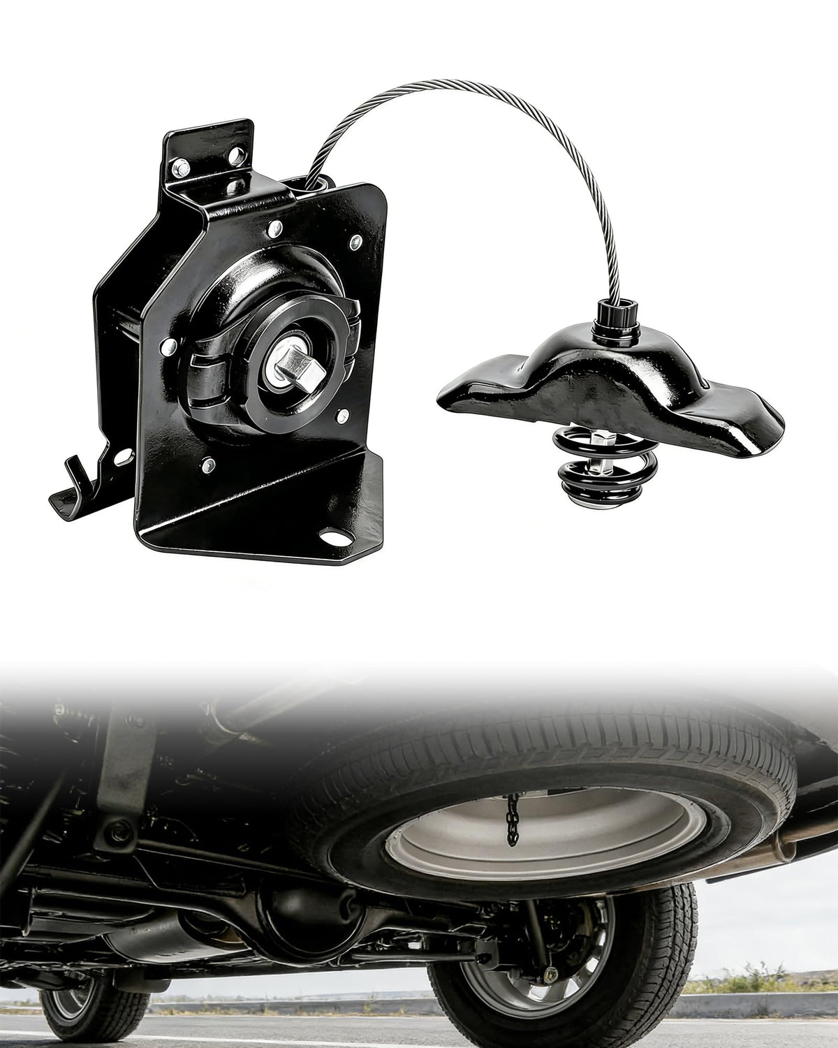 Citumo Silverado spare tire hoist underbody showing secure hold and easy access.