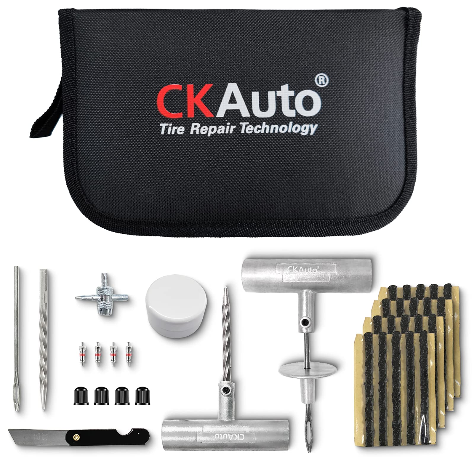 CKAuto universal tire repair kit components neatly arranged for quick roadside use.