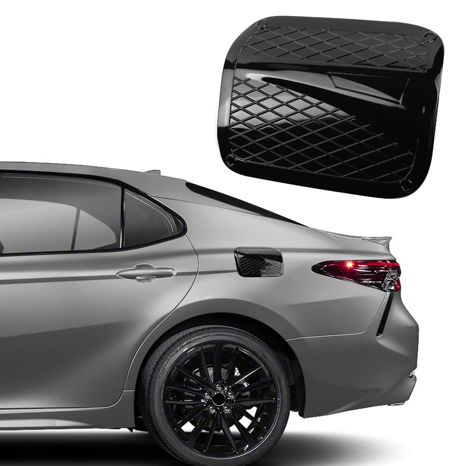 CKE Camry fuel tank cover in glossy black protects the finish and adds sleek style.