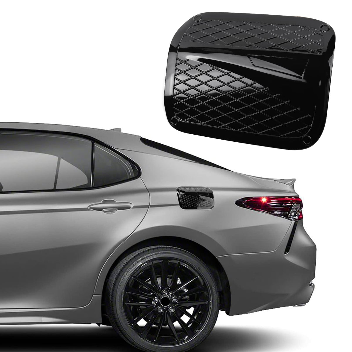 CKE Camry fuel tank cover in glossy black protects the finish and adds sleek style.
