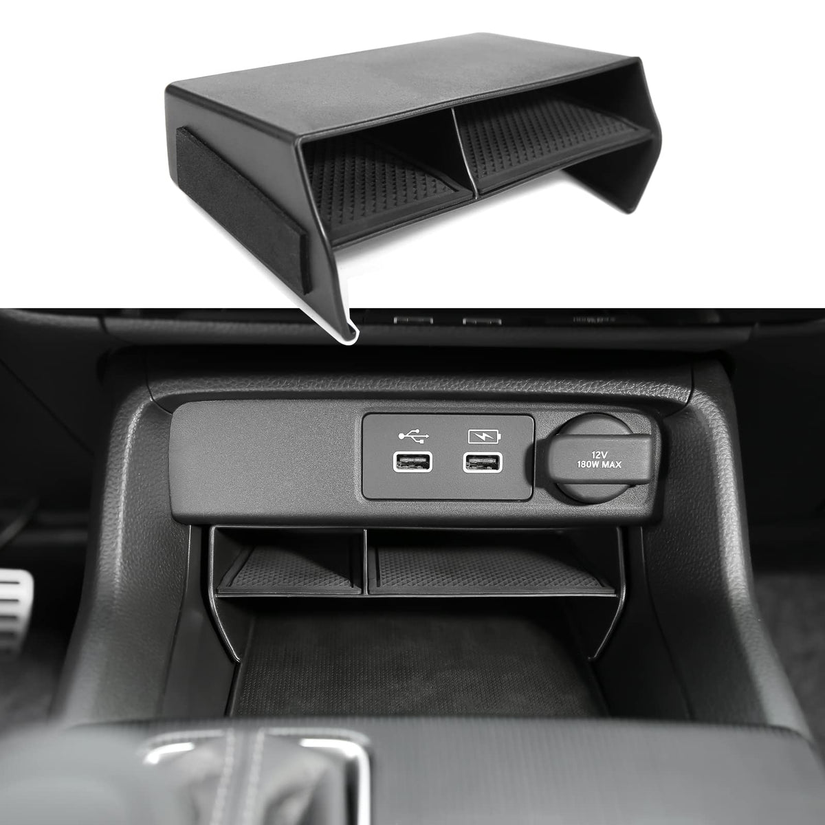 CKE center console organizer assembly view showing tidy storage options