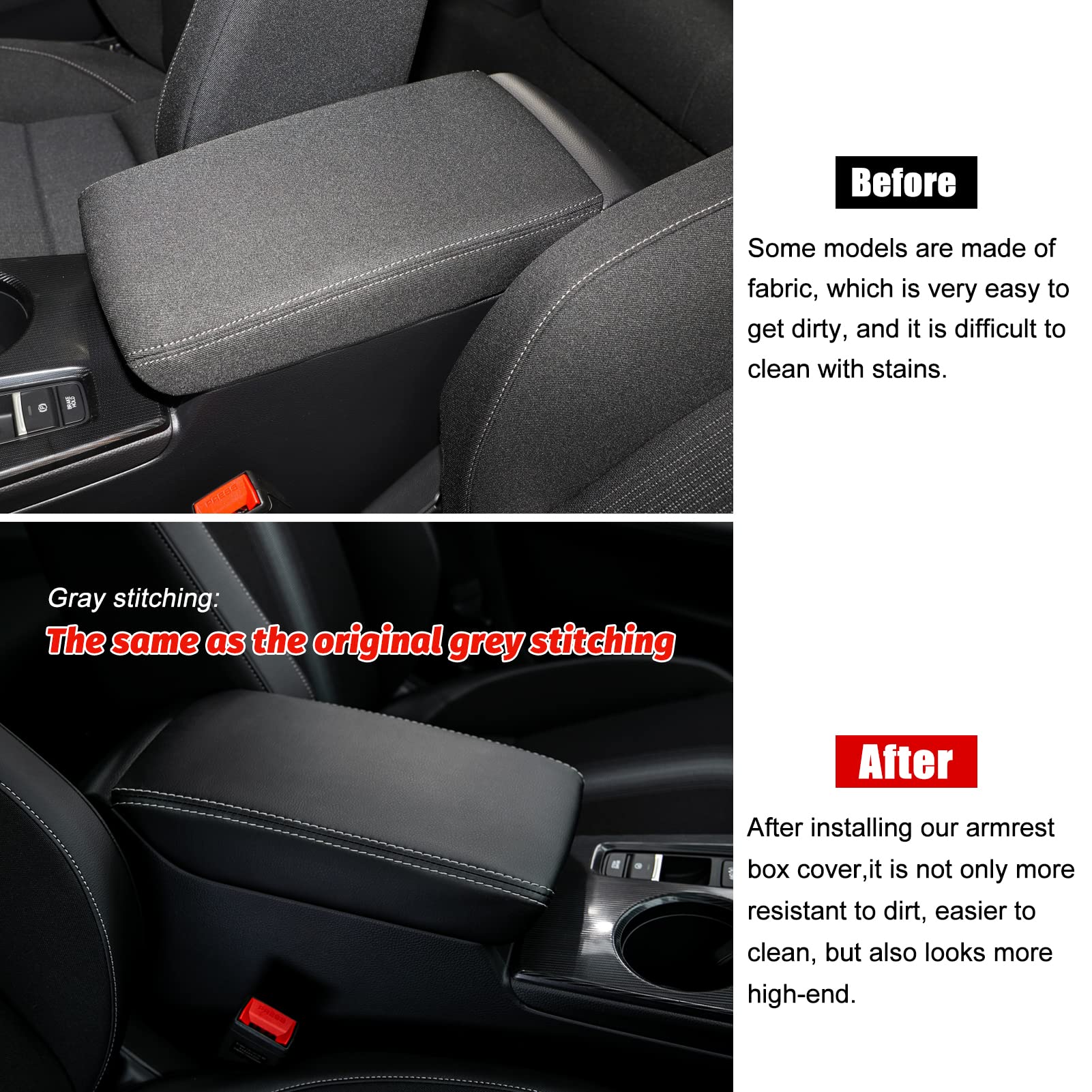 CKE Honda Civic CVT armrest cover shows gray line stitching, premium imitation leather