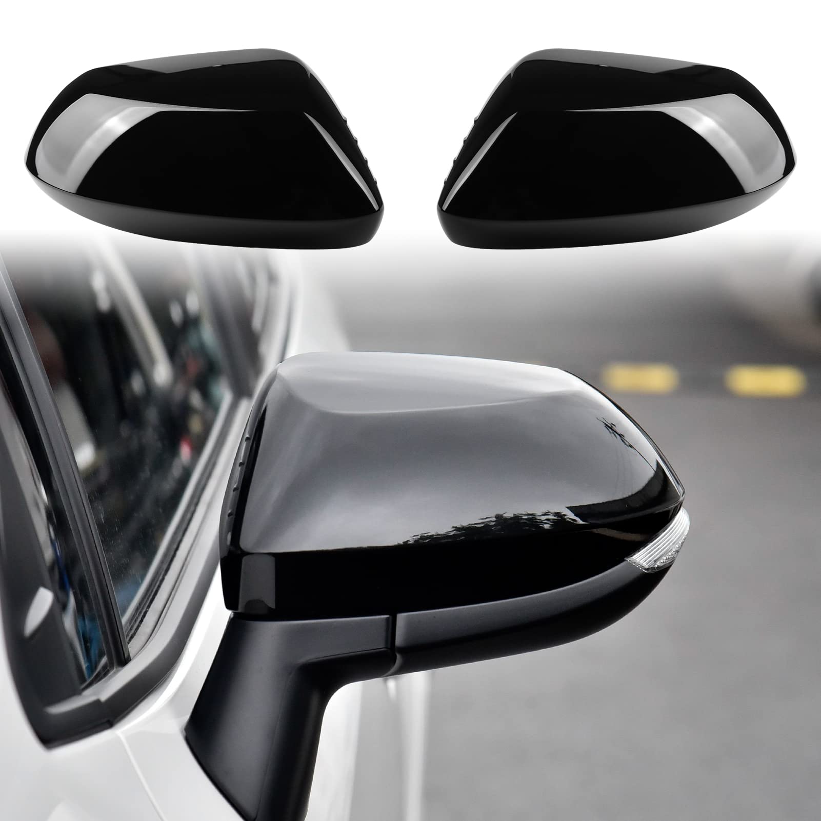 CKE Corolla Guard Cap front view in glossy black adds a sporty look while protecting mirrors.