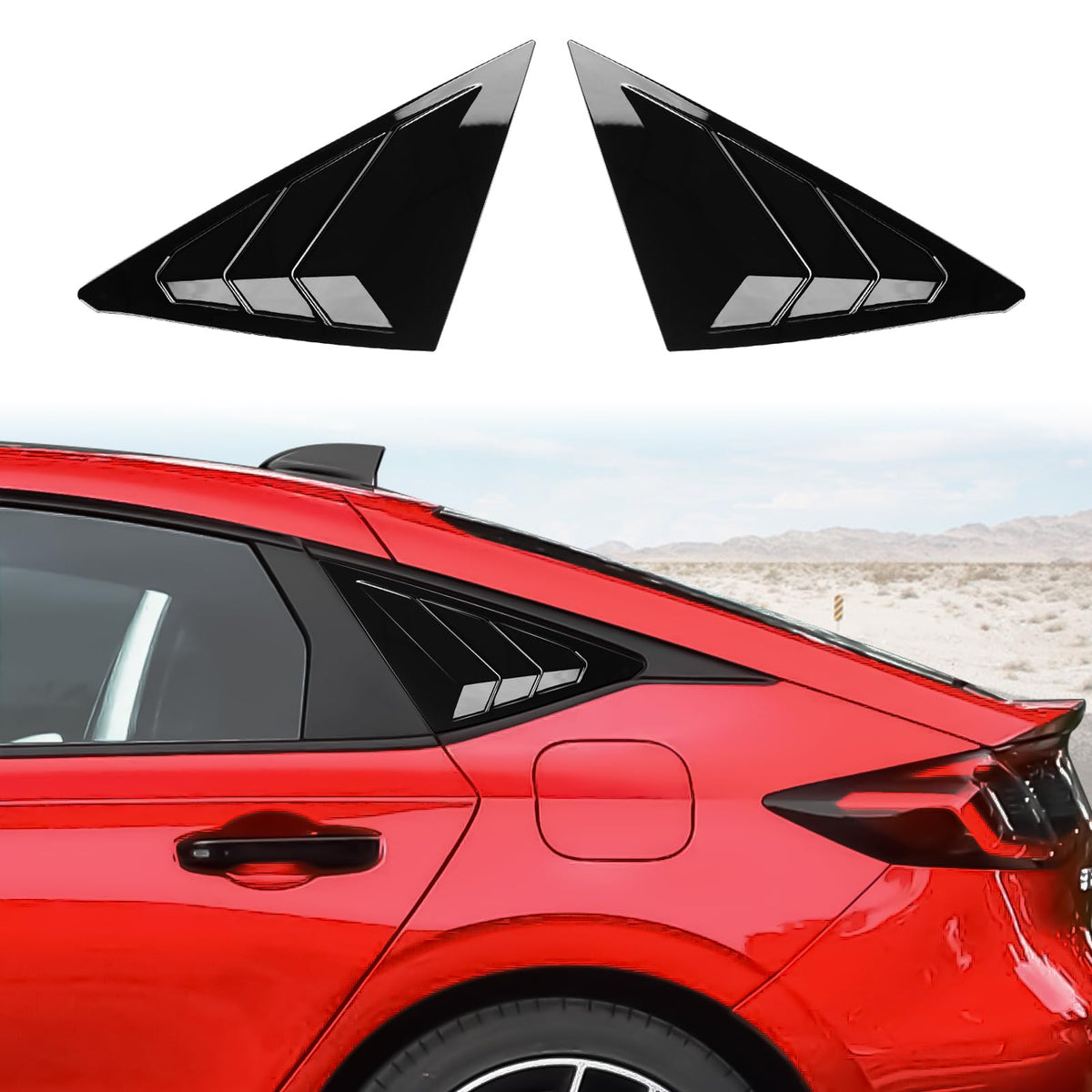 CKE rear side window louvers for Civic Hatchback in glossy black, adding a sporty touch.