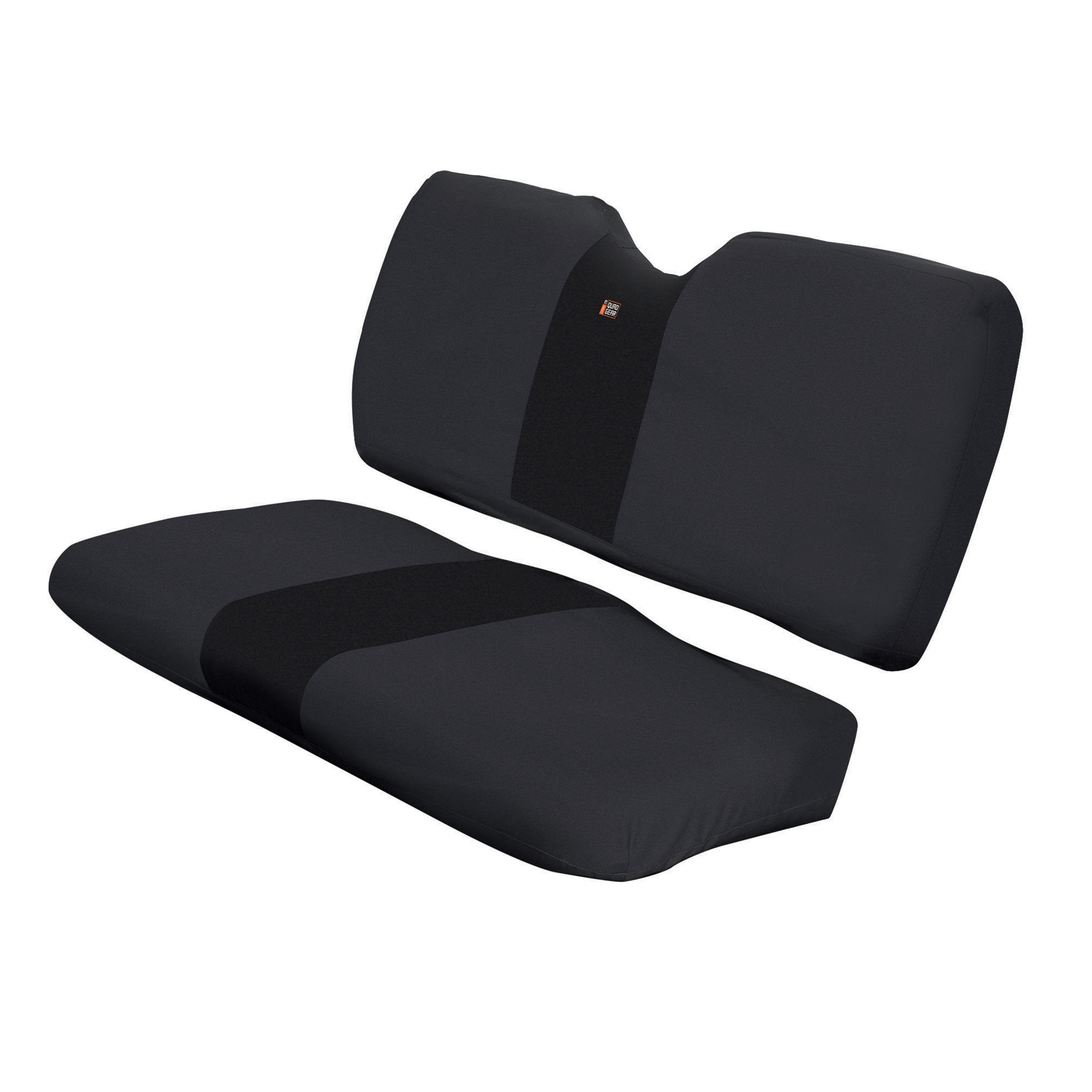 QuadGear UTV bench seat cover showing elastic hem and straps for quick, secure fit.