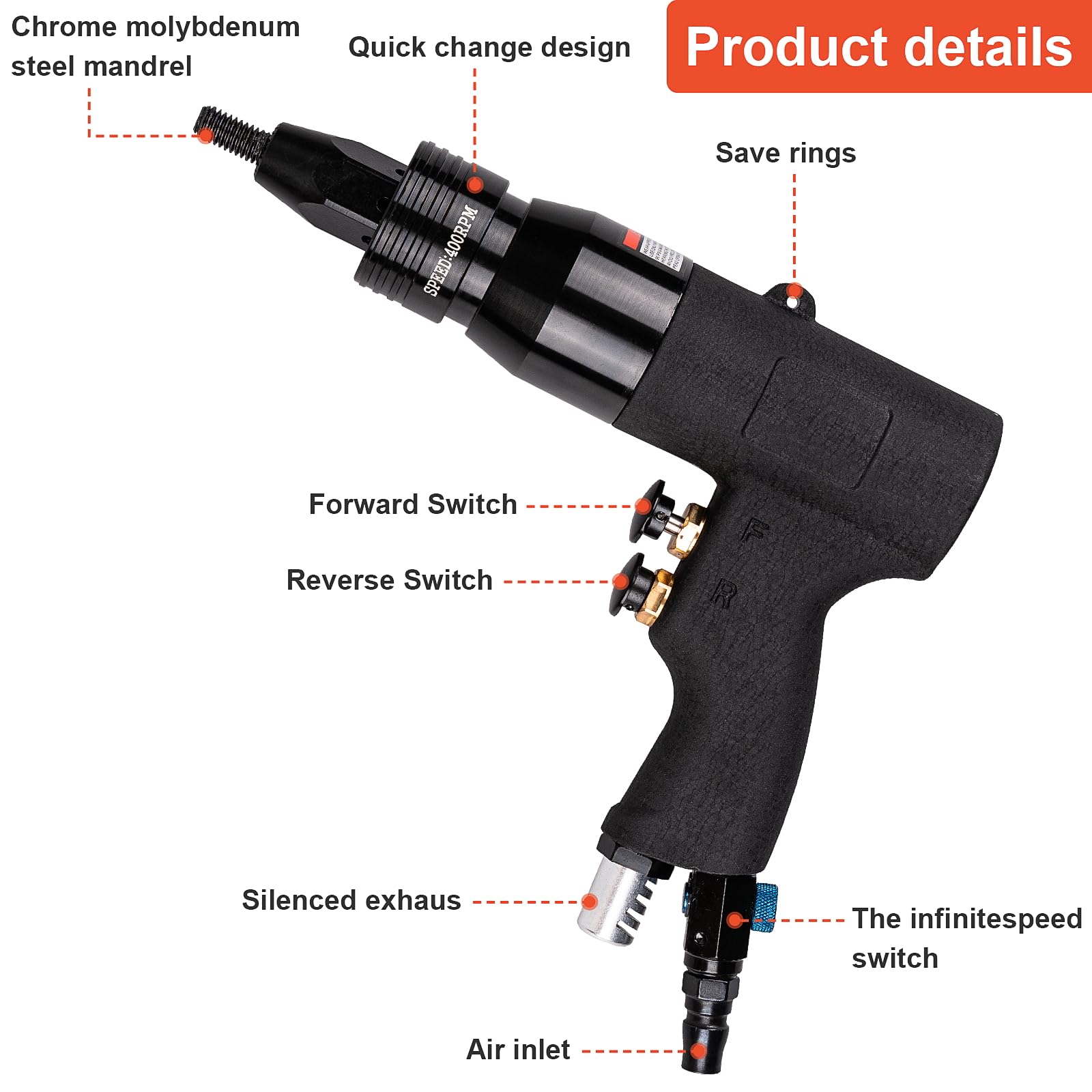 Clatoon pneumatic rivet nut gun with 1/4 head for fast, dependable assemblies.