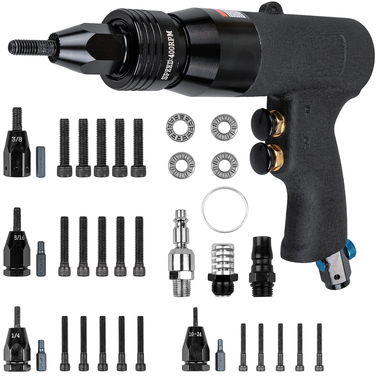 Clatoon pneumatic rivet nut gun with 10-24 head enabling quick, secure rivet nut installation.