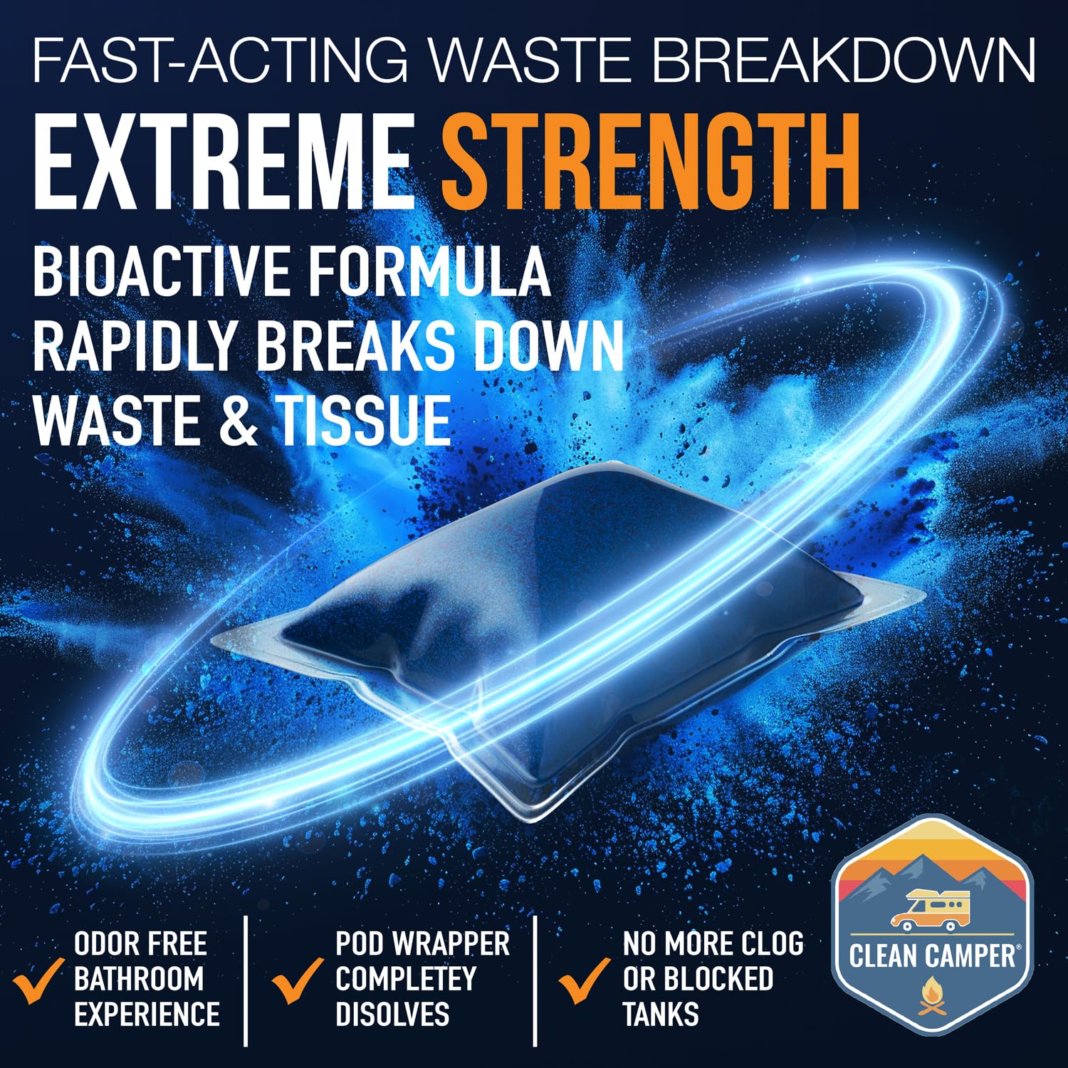 Clean Camper advanced enzyme technology pod breaks down waste efficiently.