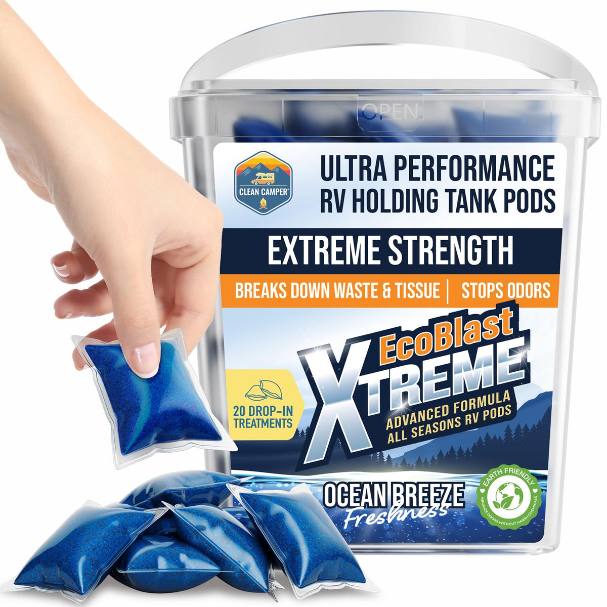 Clean Camper extreme odor elimination pod for RV holding tanks.
