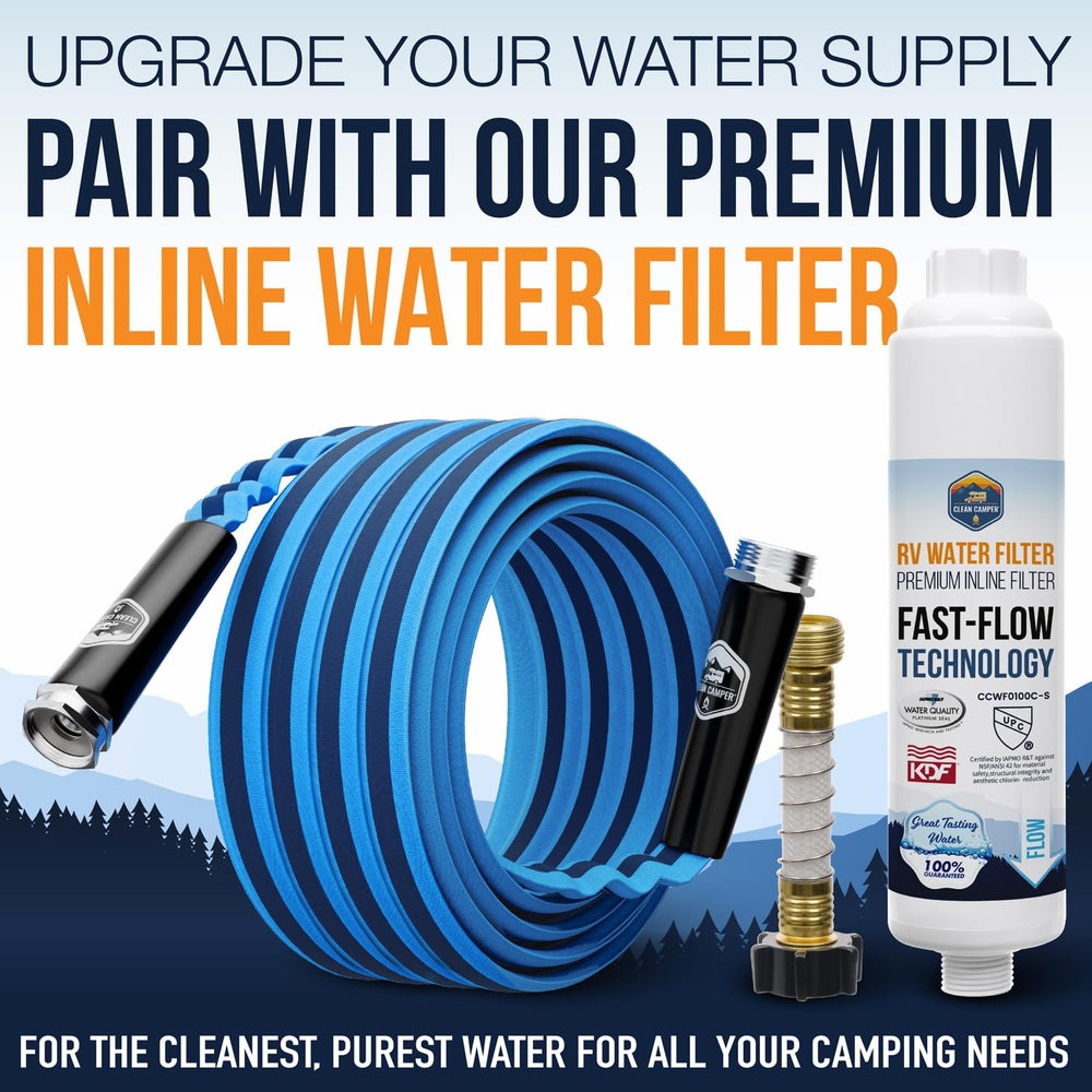 Clean Camper flexible hose on an RV table showing easy storage.