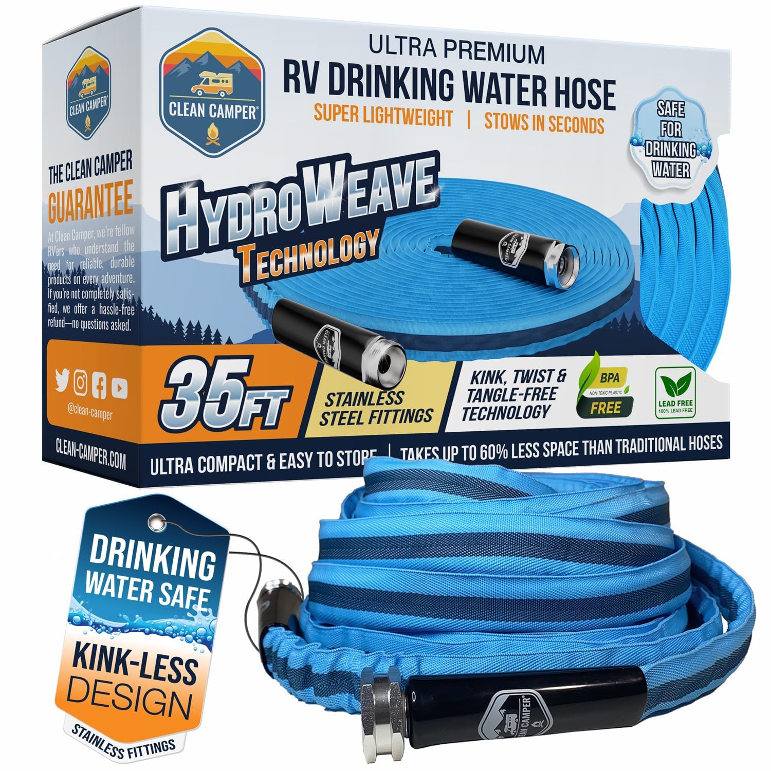 Clean Camper RV fresh water hose 35ft coiled for compact storage and easy deployment.