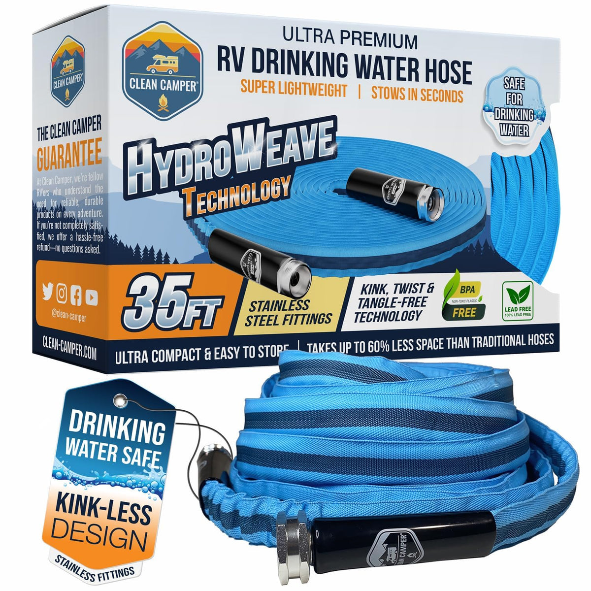 Clean Camper RV fresh water hose 35ft coiled for compact storage and easy deployment.