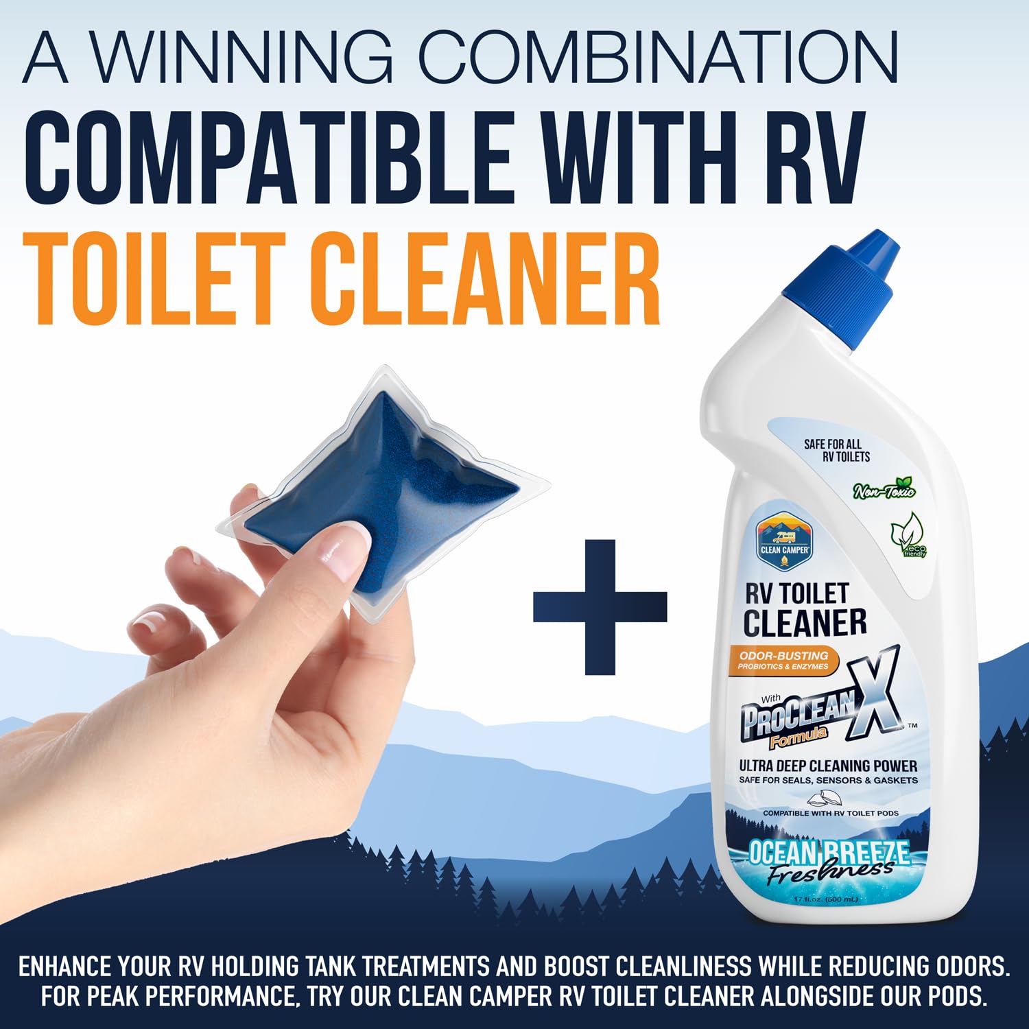 Clean Camper septic-safe eco-friendly pod compatible with RV toilets.