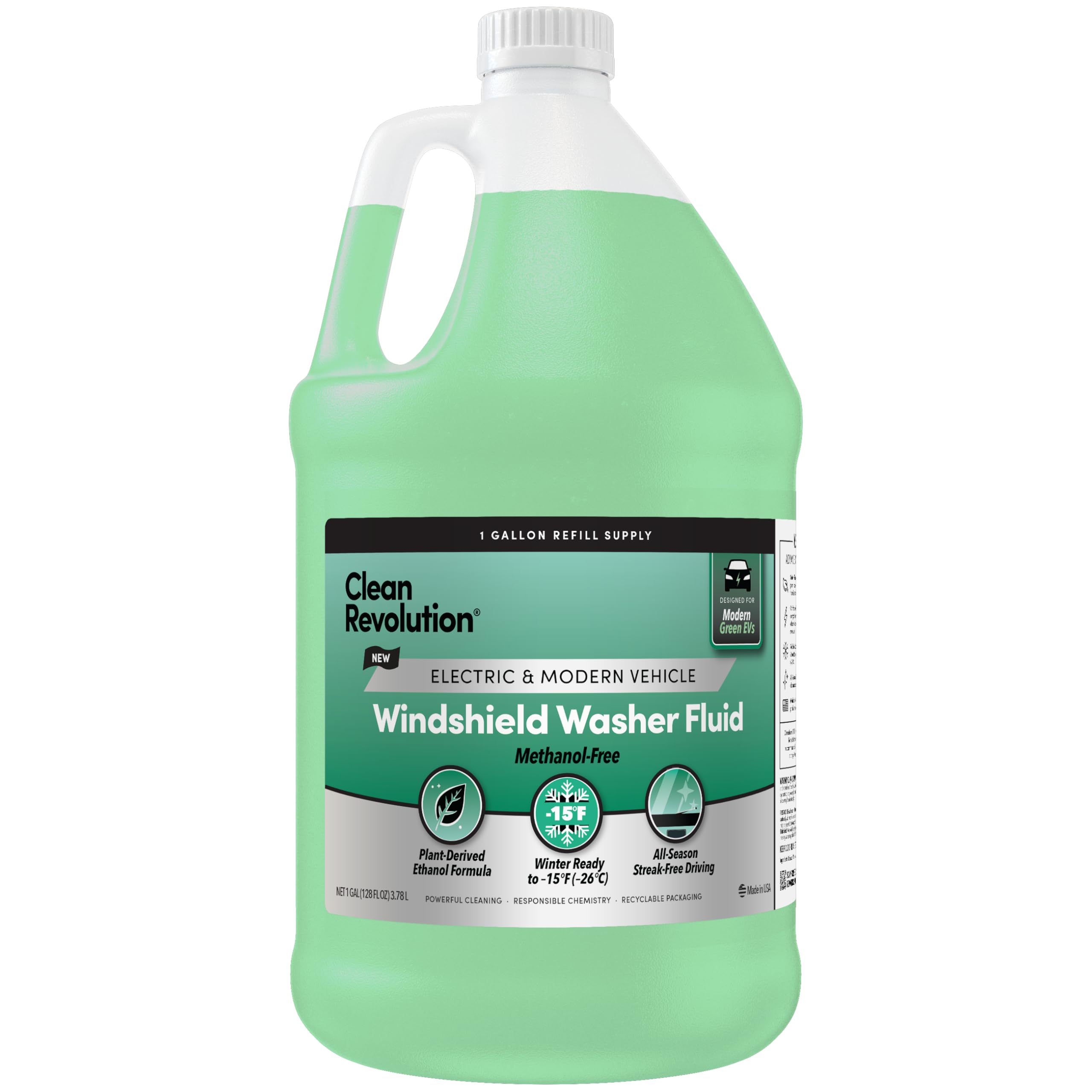 Clean Revolution EV windshield fluid bottle, winter-ready design for safe top-off and ice melt.