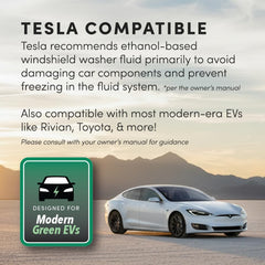 Clean Revolution EV windshield fluid bottle showing ice-melt action for icy mornings.