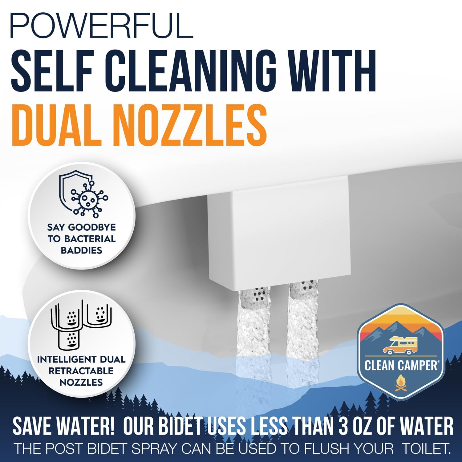 Clean Camper self-cleaning nozzles simplify maintenance on long trips.