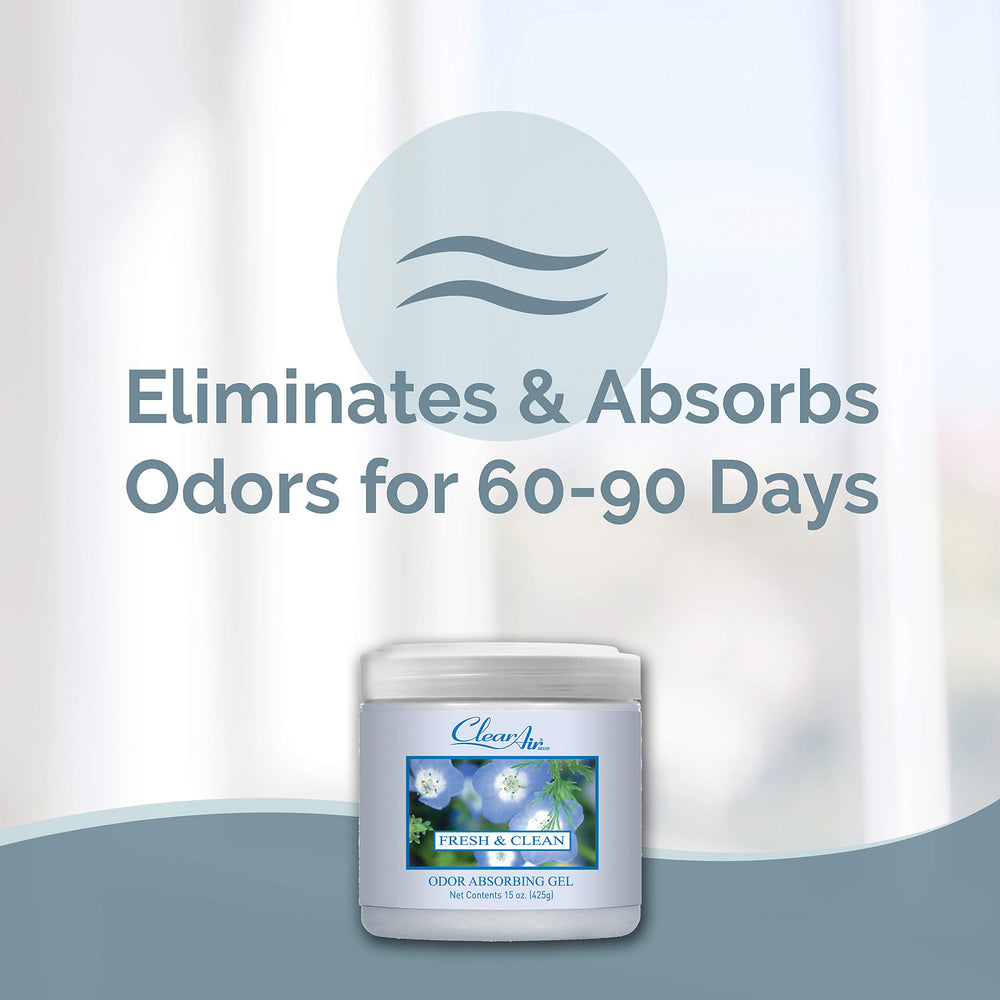 Close-up of Clear Air odor eliminator in a living space showing plant-based formula.