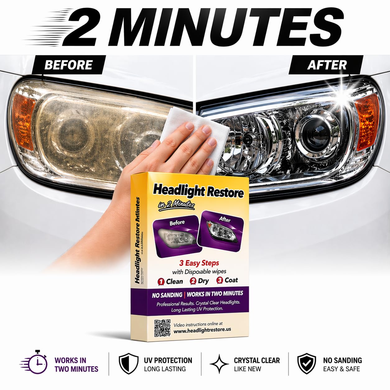 Clear Lights Tech cleaning wipes remove haze for brighter headlights.