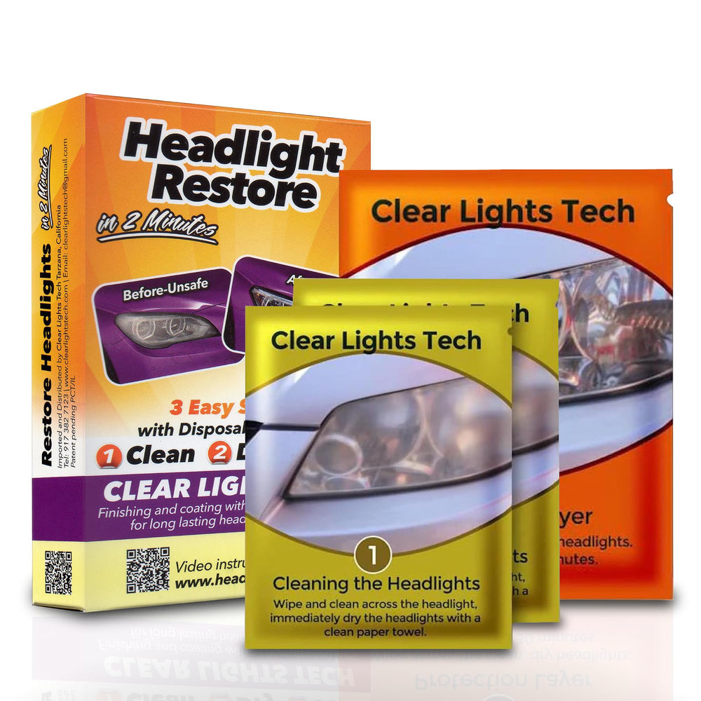 Clear Lights Tech headlight restoration kit with 3 wipes restores clarity.
