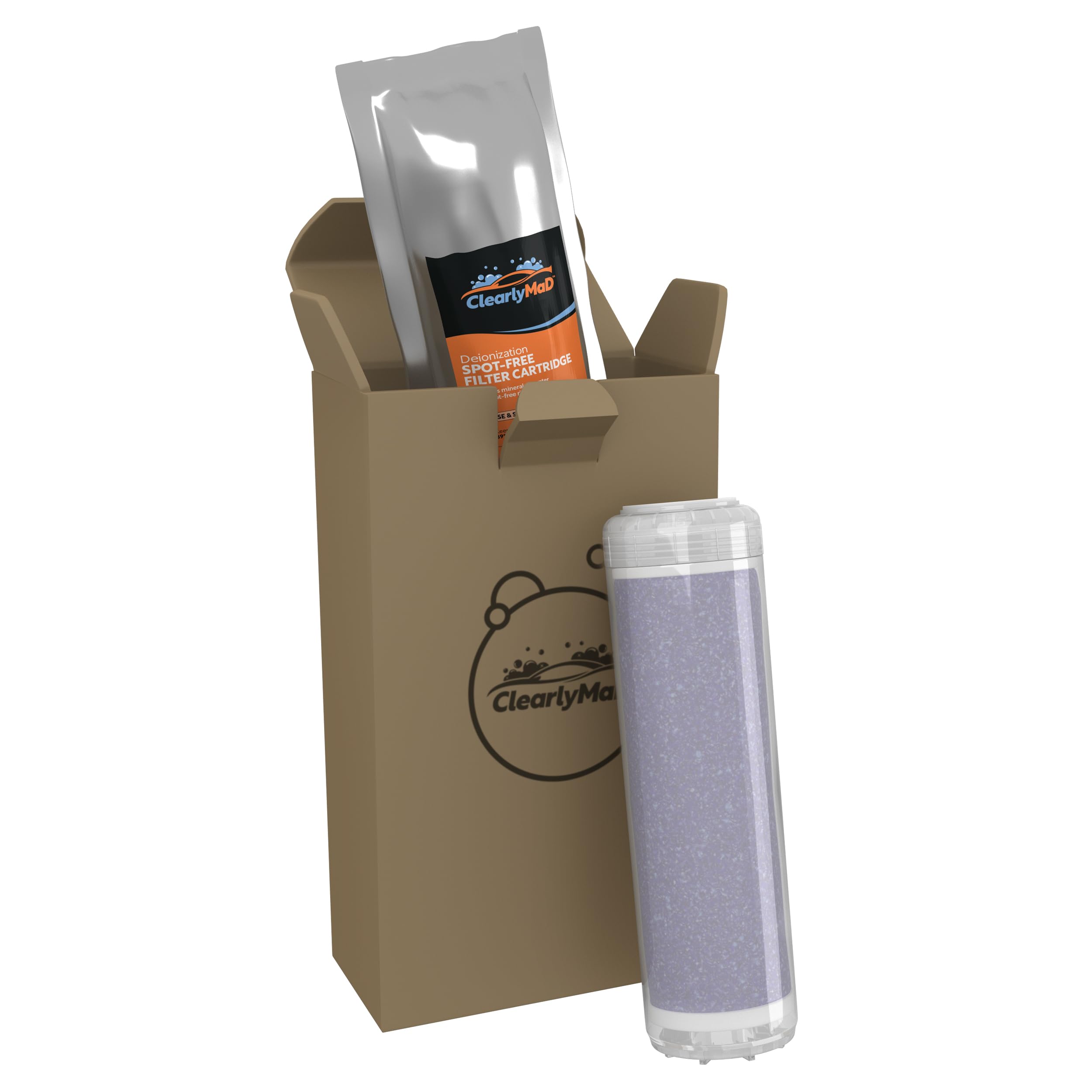 A hand installs a Clearly MaD DI resin filter cartridge for easy setup.