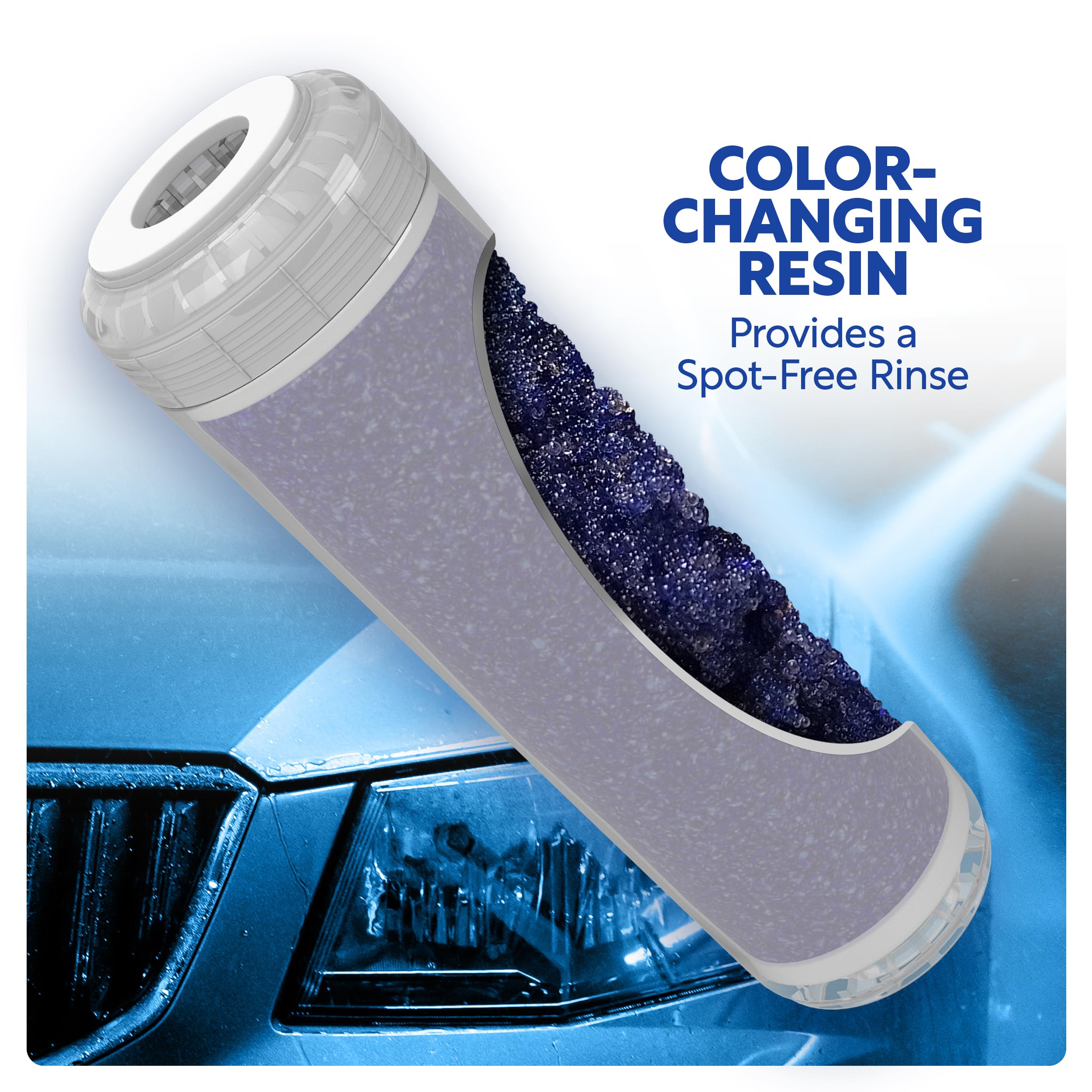 Clearly MaD dual-action DI filter close-up showing resin media for spot-free results.