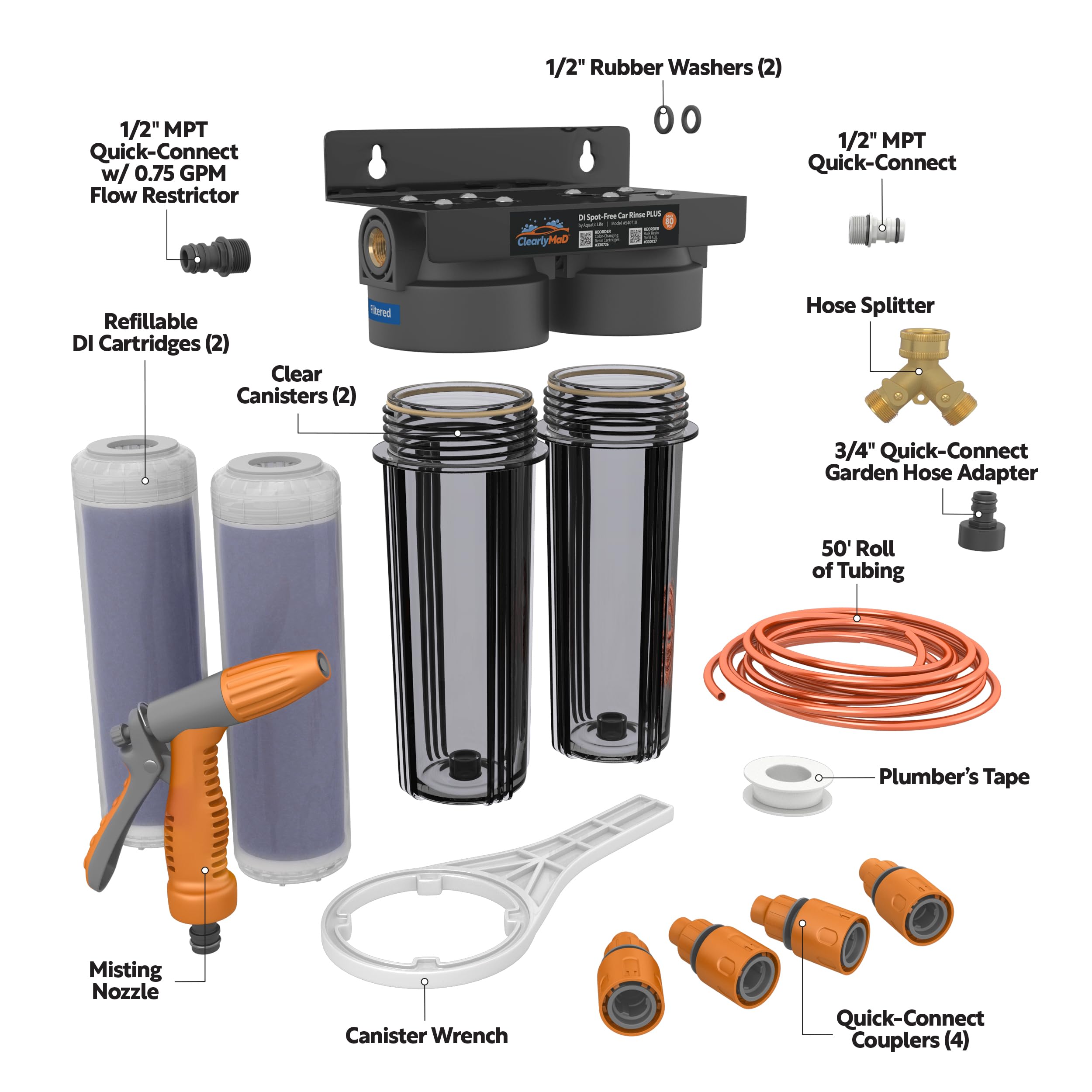 Clearly MaD spot-free rinse kit showing cartridges and hose for easy car washing