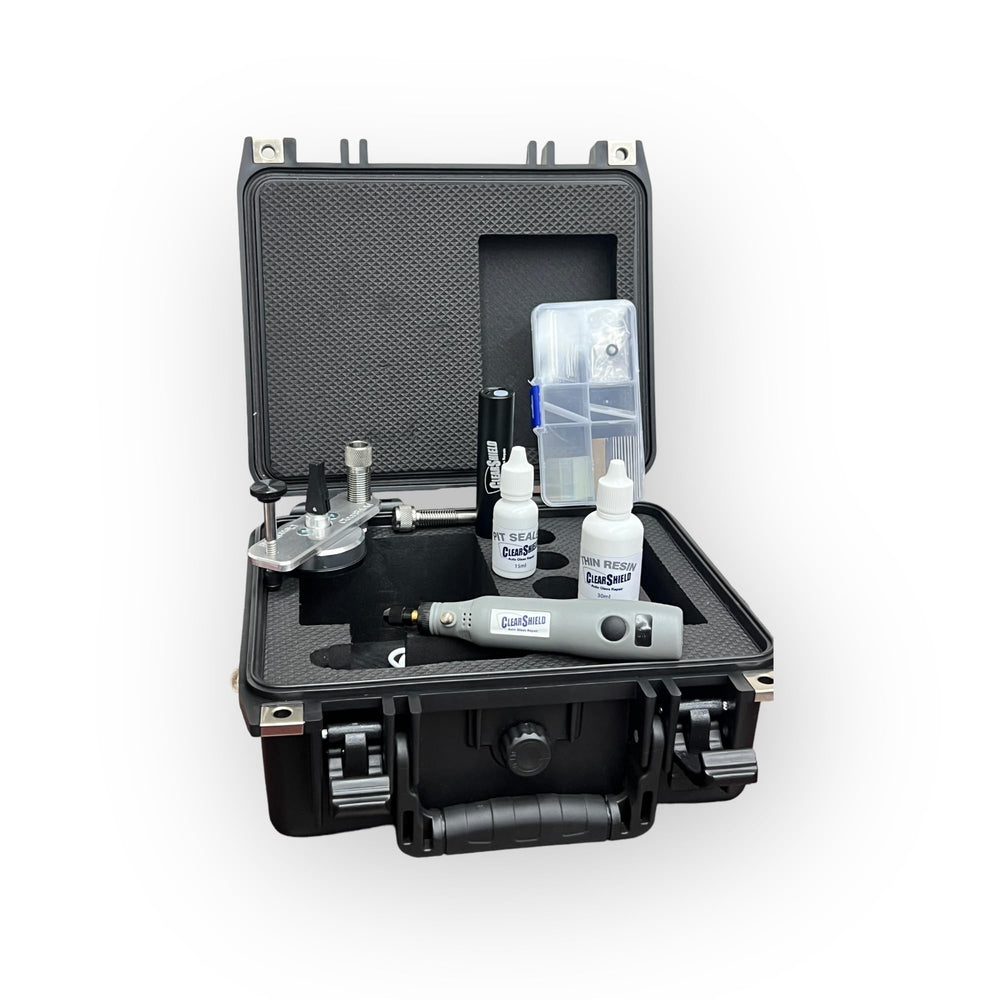 Clearshield windshield repair kit box with professional tools for on-site fixes