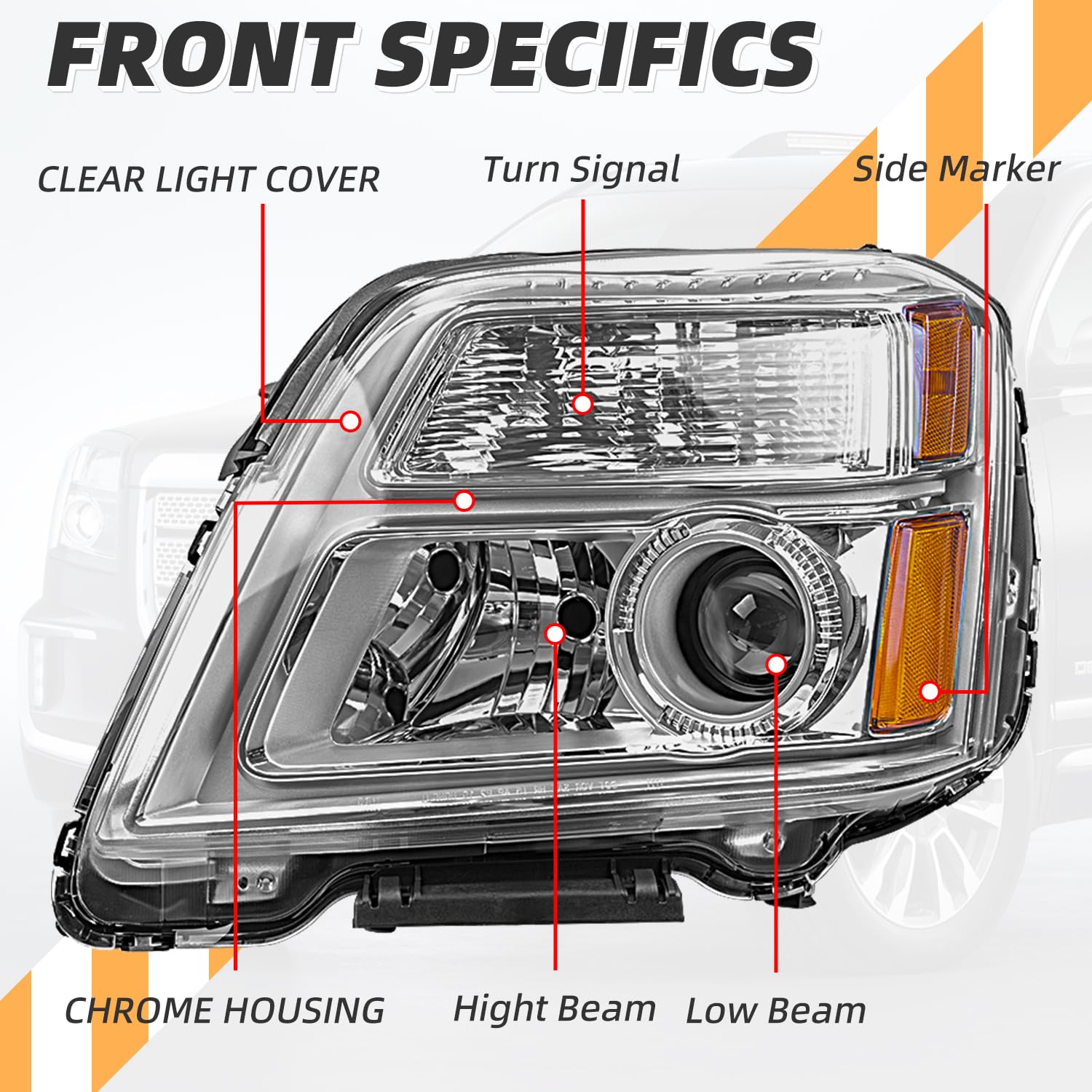 CLERYYE headlight assembly on GMC Terrain front view showing chrome housing.