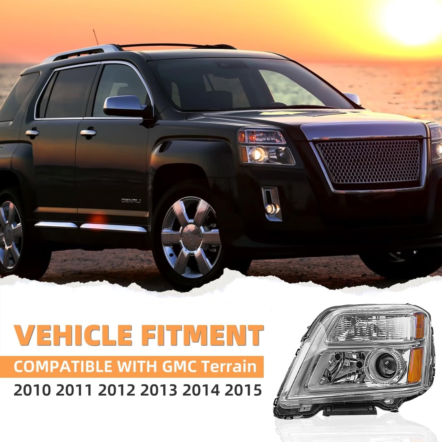 CLERYYE headlight for GMC Terrain with amber reflector detail for signaling.