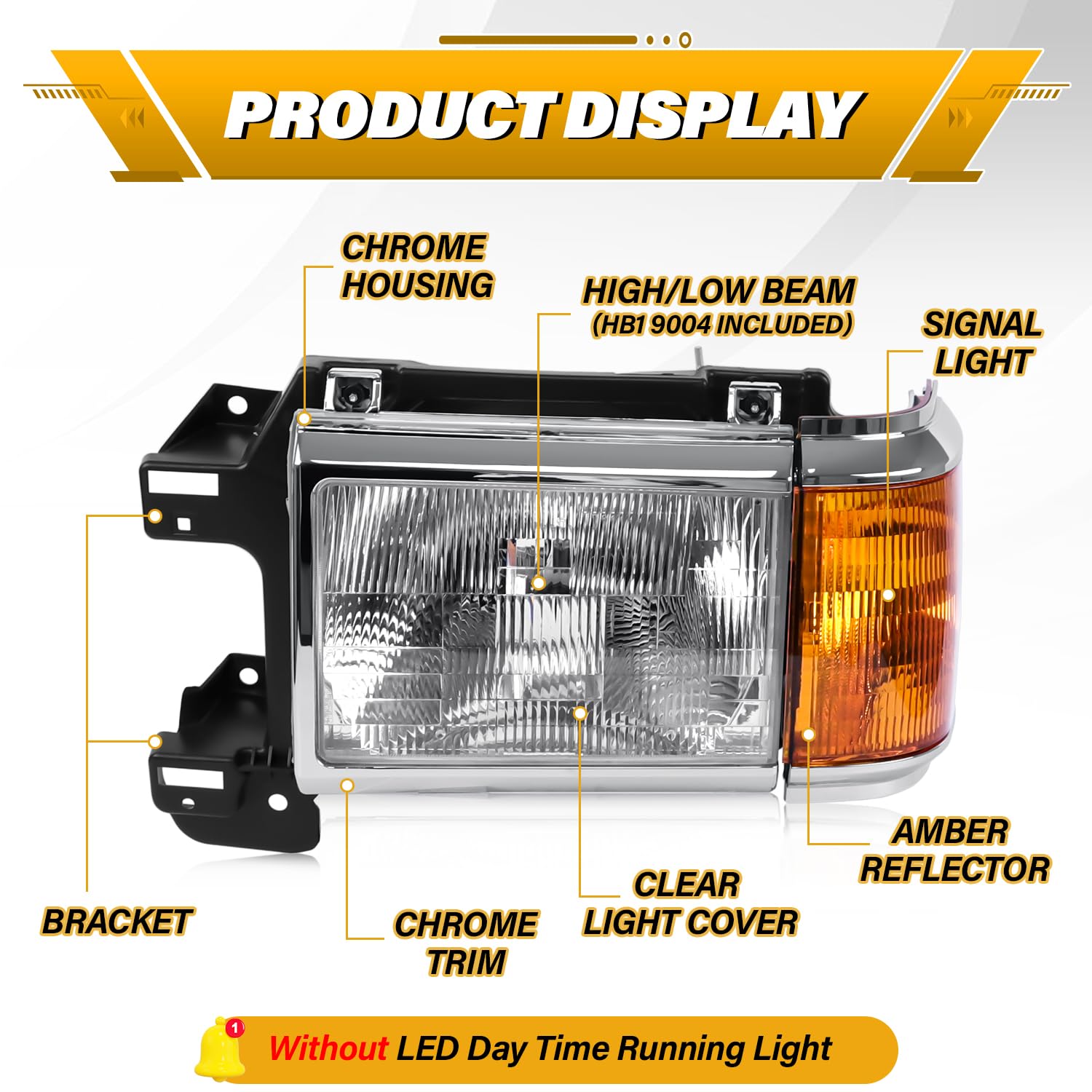 Cleryye headlight assembly with chrome right for Ford Bronco enhances front visibility.