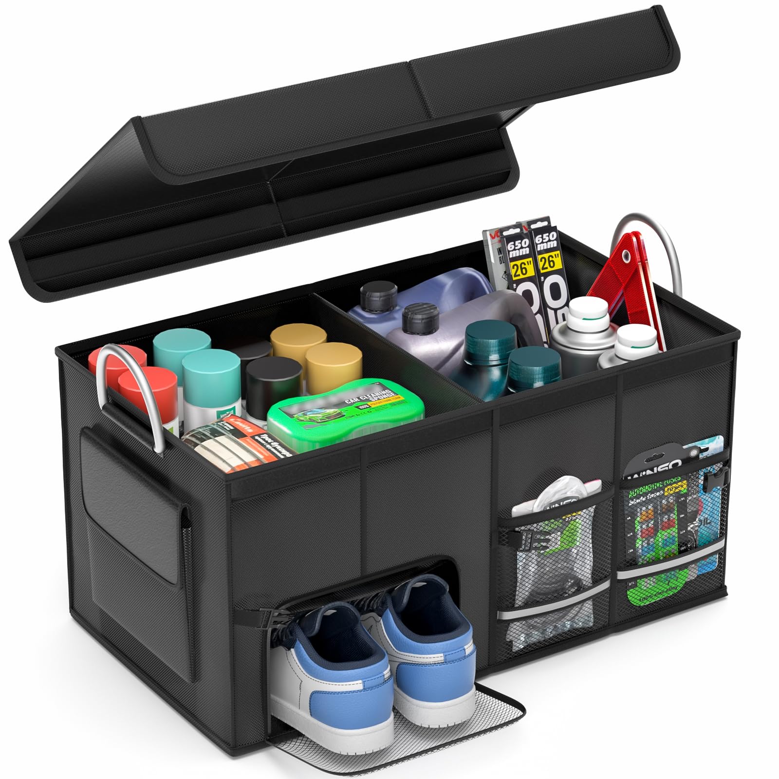 CLESOO car trunk organizer 50L with lid open showing spacious compartments