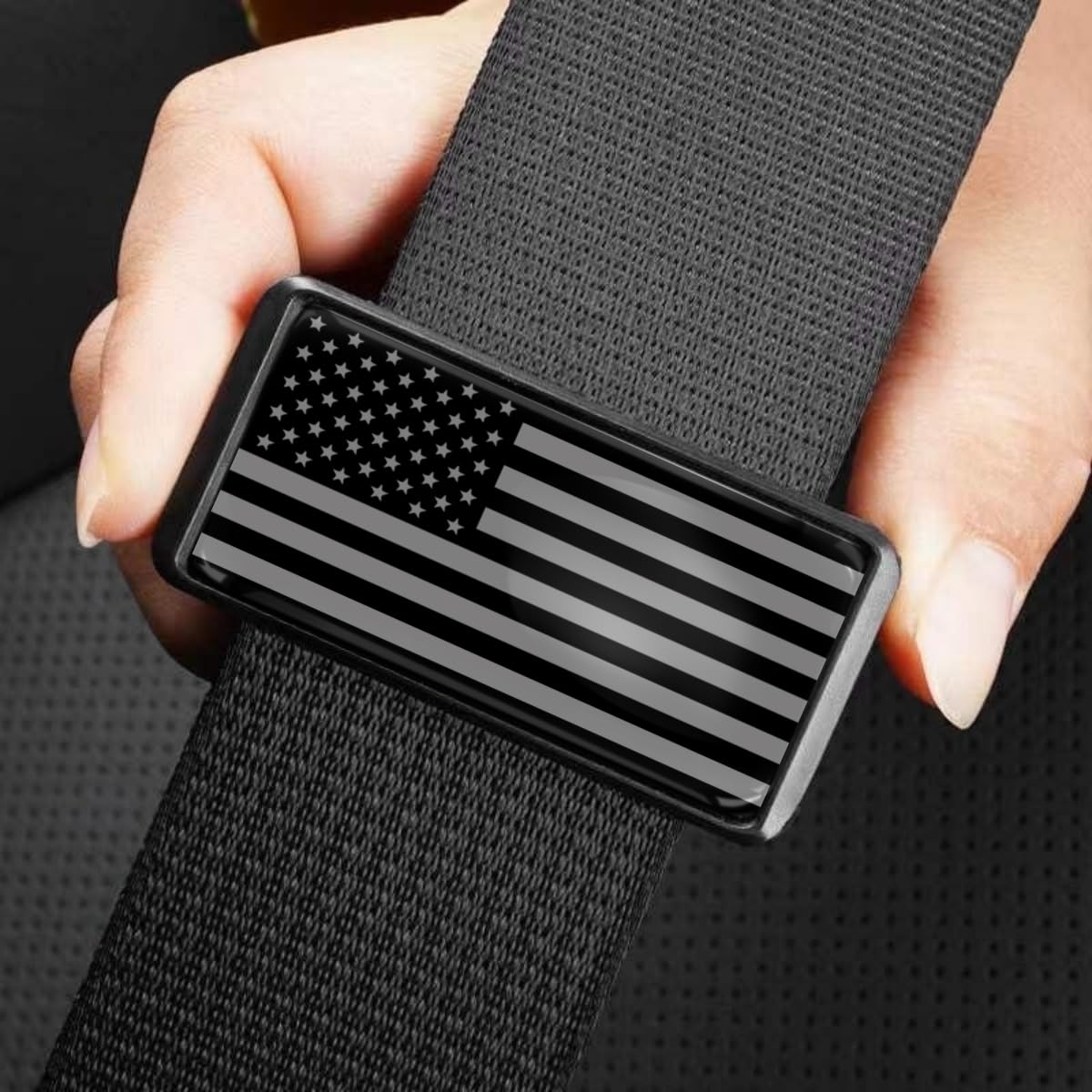 CLHMY American flag seatbelt adjuster close-up showing durable ABS construction for long wear.