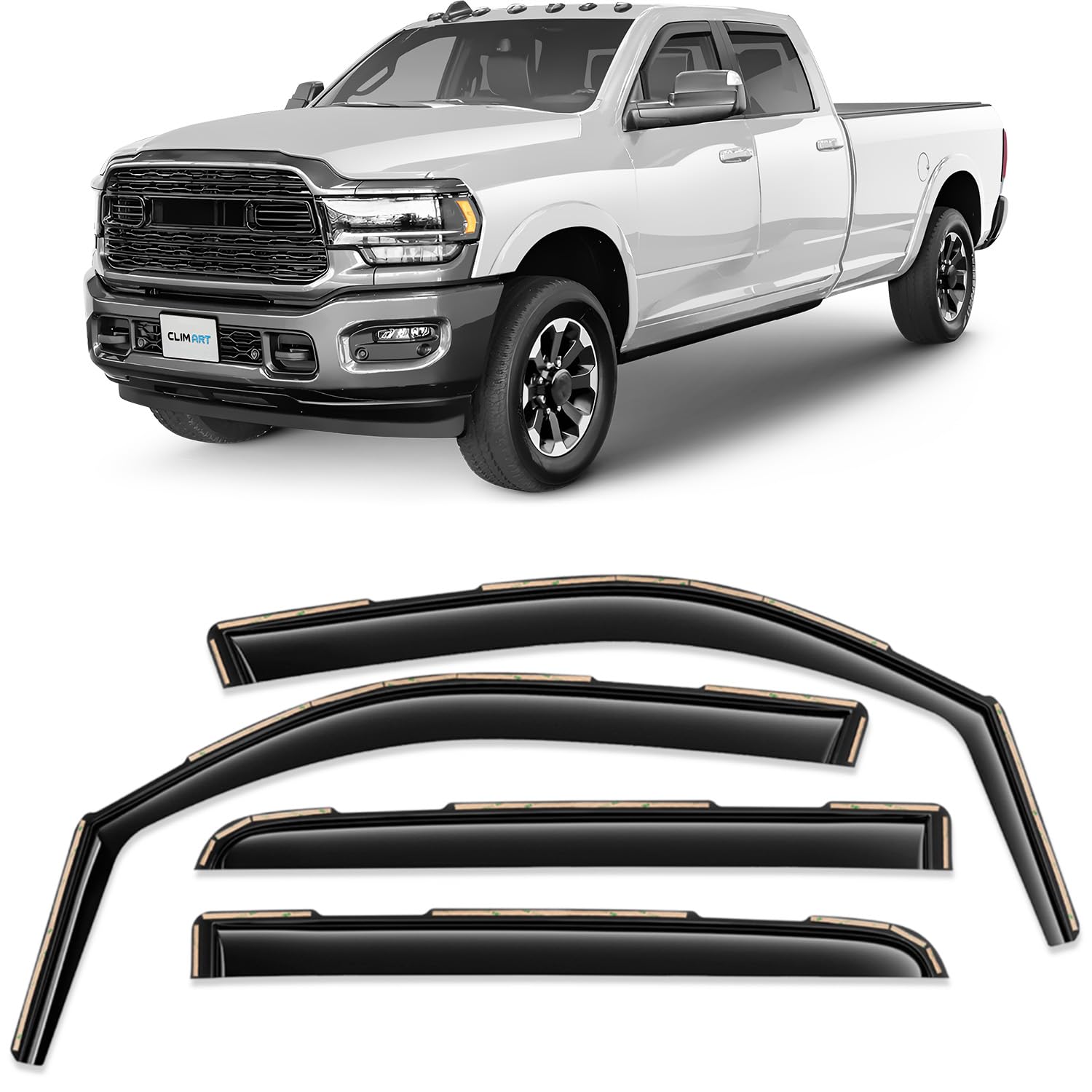 CLIM ART in-channel rain guard for Dodge RAM crew cab, durable 4-pack with precise fit.