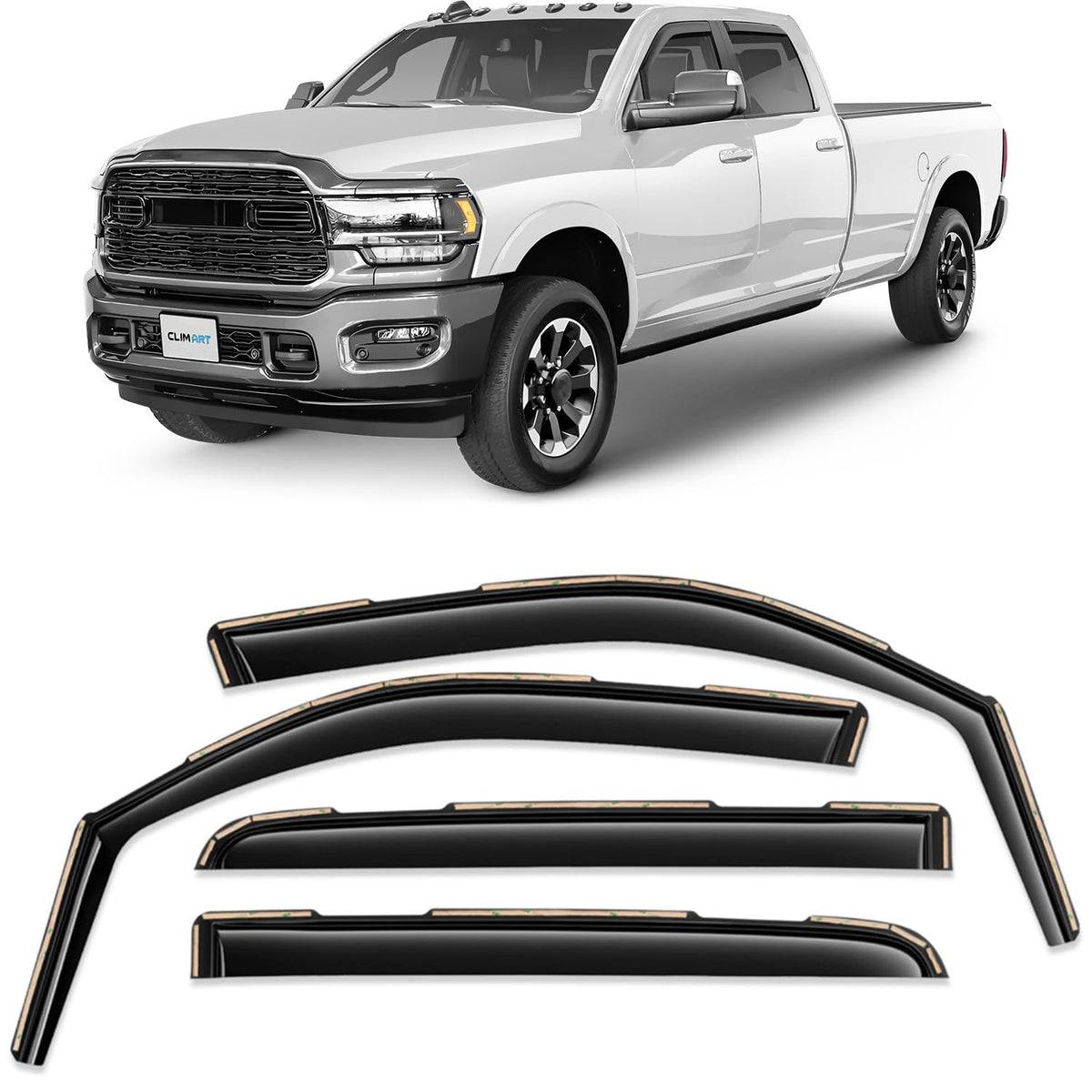 CLIM ART in-channel rain guard for Dodge RAM crew cab, durable 4-pack with precise fit.