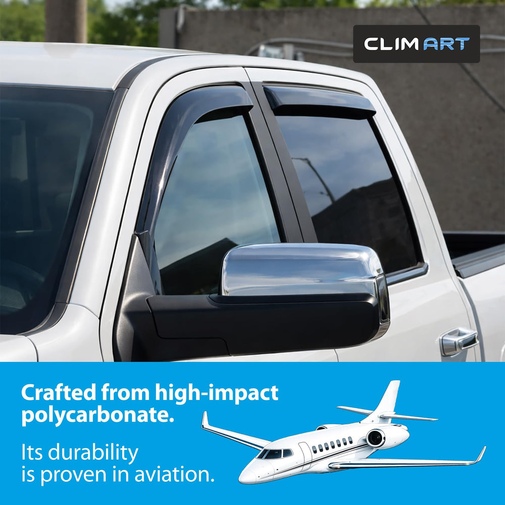 CLIM ART dark-smoke window deflectors reduce wind intrusion on RAM crew cabs while upgrading style.