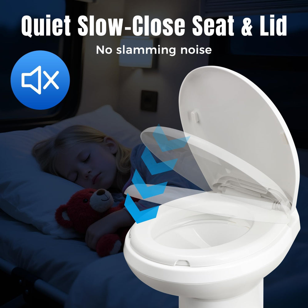 Clirass toilet with foot pedal for hands-free flushing in an RV.