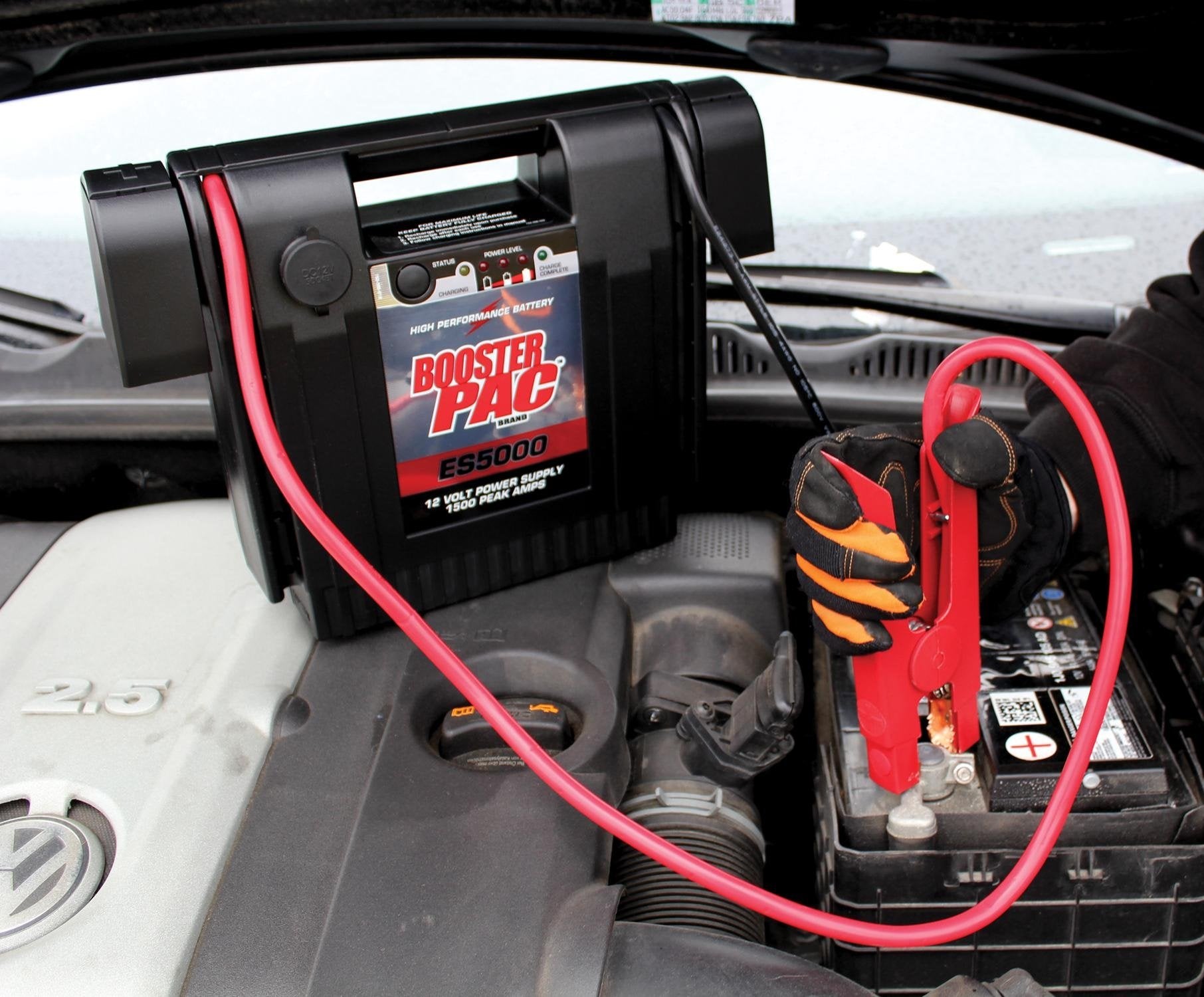 Clore Booster PAC ES5000 with 43-inch cables enables easy reach for vehicle jump starts.