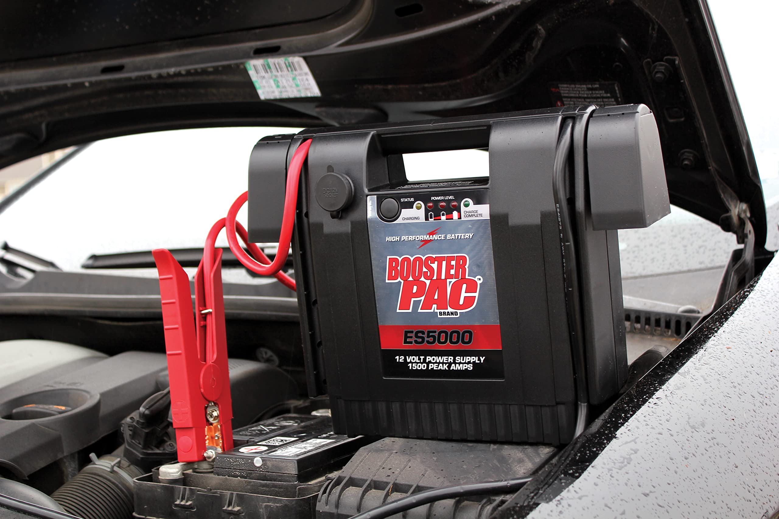Industrial-grade hot jaw clamps secure connections during jump starts.