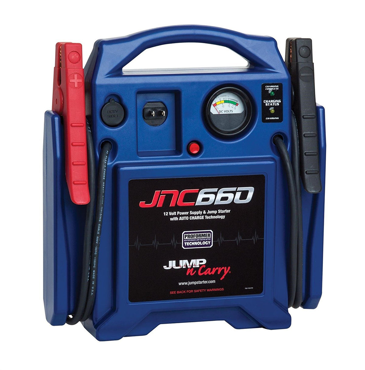 Clore Automotive JNC660 front view showing portable jump starter ready for use