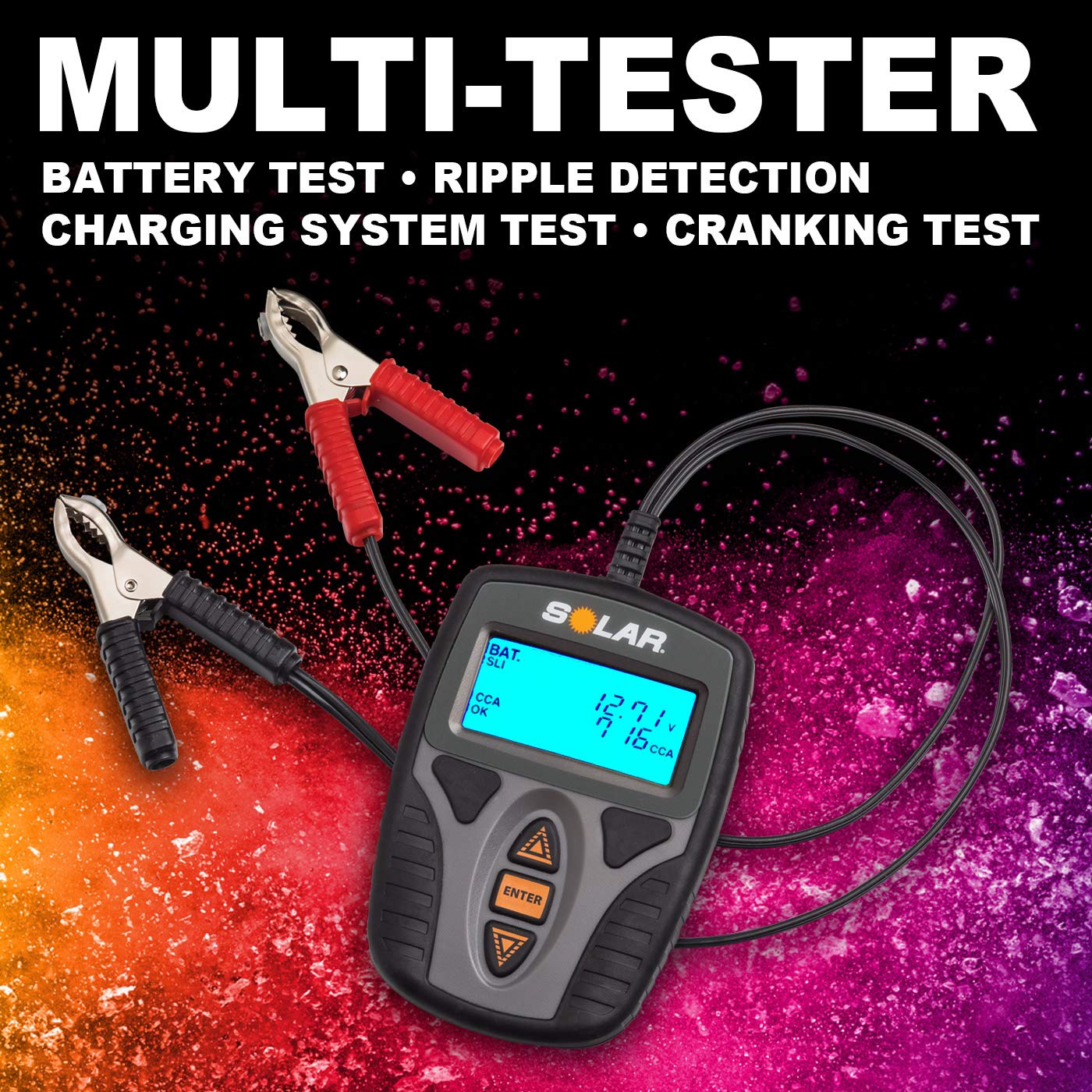 Clore Automotive SOLAR Digital 12V Battery Tester CC range demonstrates testing from 40 to 1200 CCA.