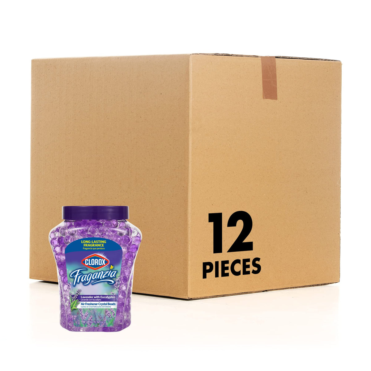 Clorox Fraganzia beads lavender-eucalyptus jar refreshing a room with lasting fragrance.
