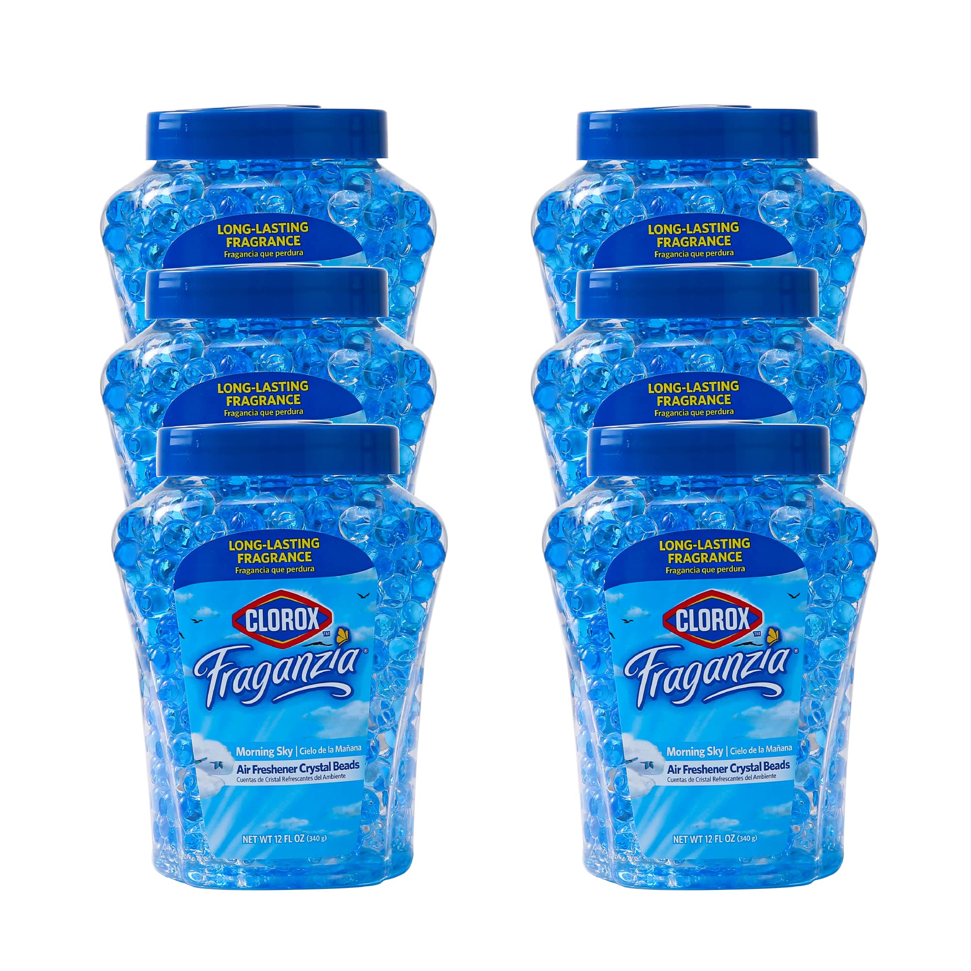 Clorox Fraganzia Morning Sky crystal beads in a jar releasing lasting freshness for home use