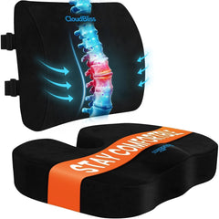 CloudBliss lumbar support pillow with ergonomic curve for back comfort during long sits