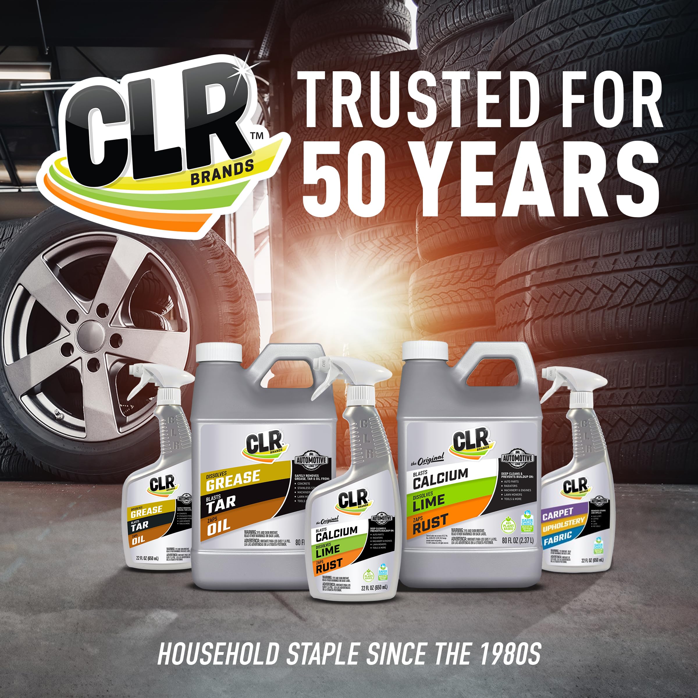 CLR cleaning product line showcasing automotive and household cleaners
