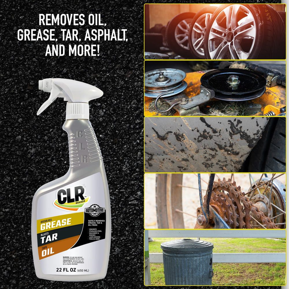 CLR multi-surface cleaner shown in a workshop setting for grime removal