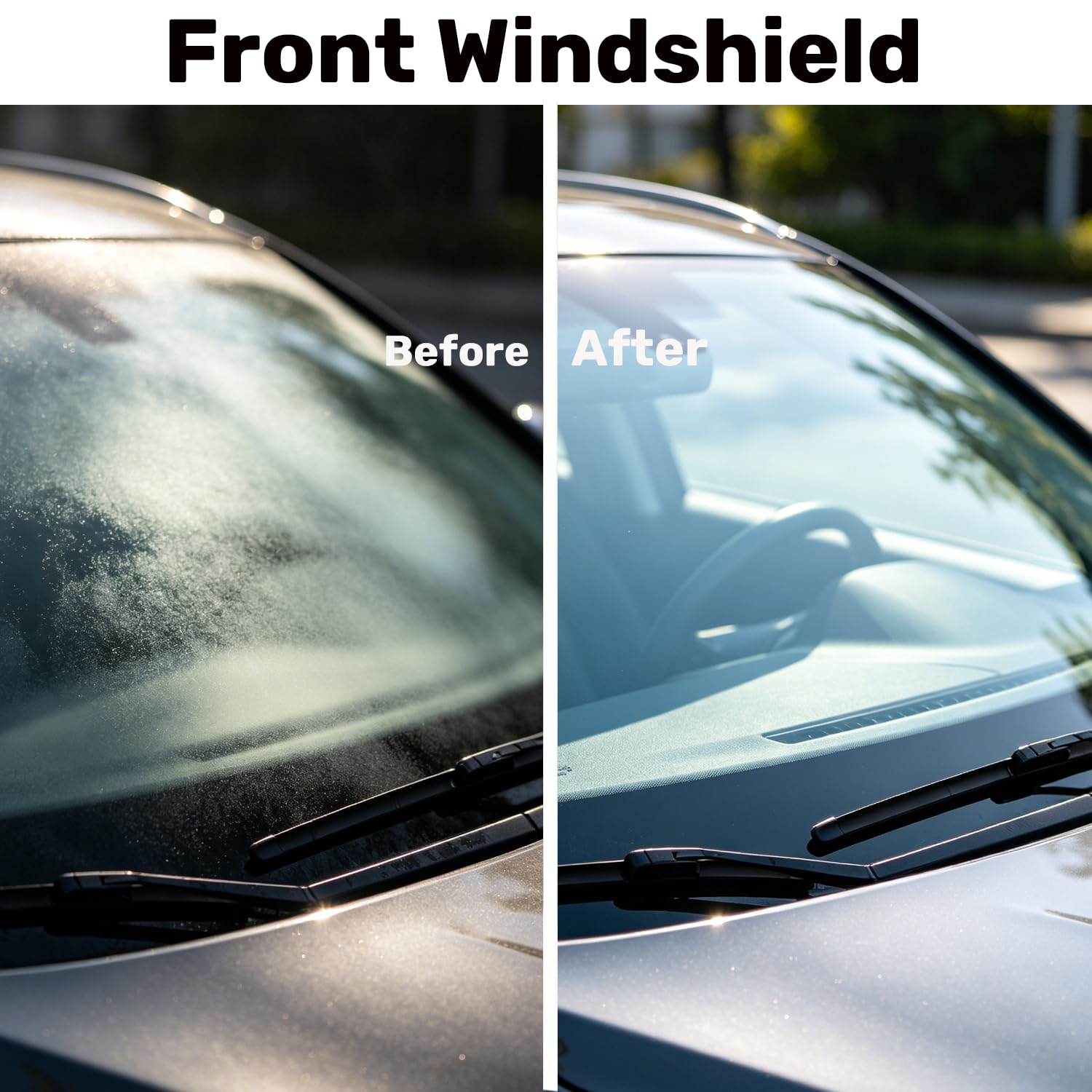 Clussbin-oil-film-remover-pad capturing streak-free windshields after cleaning.