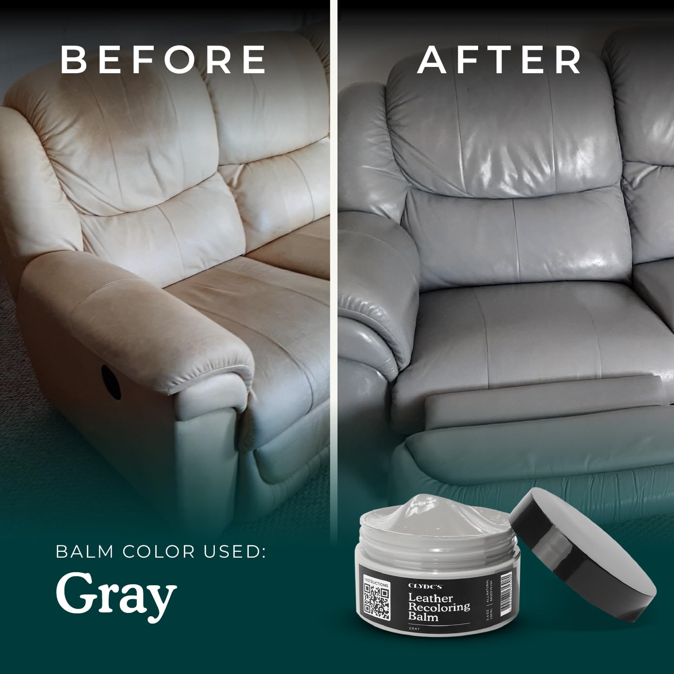 Leather sofa before and after using Clyde's balm