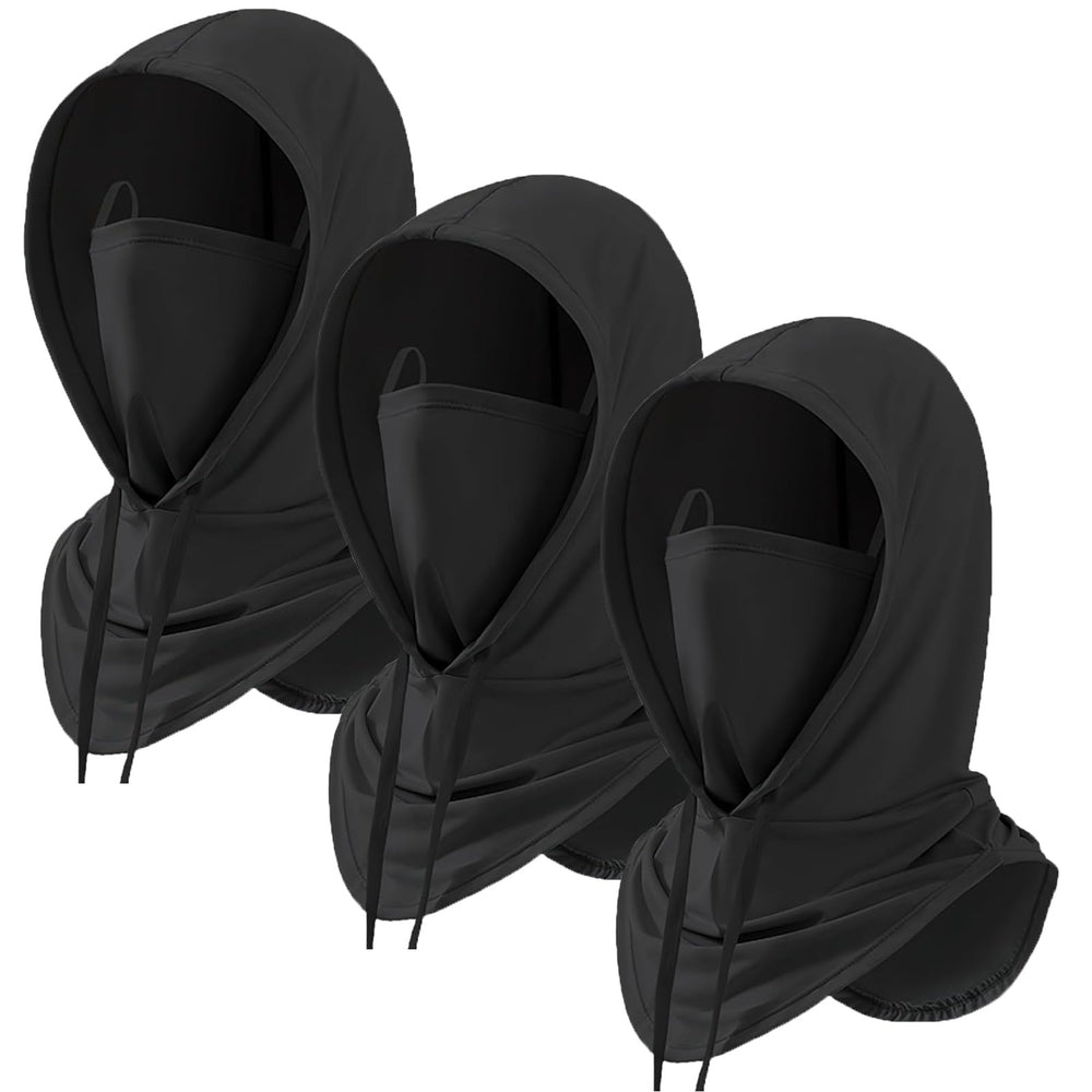 Cmonie balaclava 3-pack black worn as a full-face mask for sun and wind protection