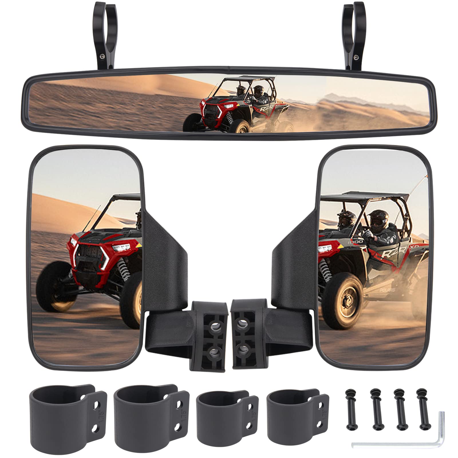 CMOOD UTV side rear-view mirror mounted on 1.75–2 inch roll bar bracket for secure fit.