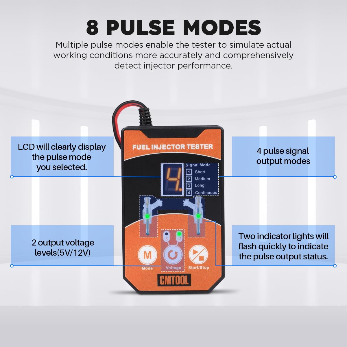 CMTOOL fuel injector tester with reverse polarity protection safety feature